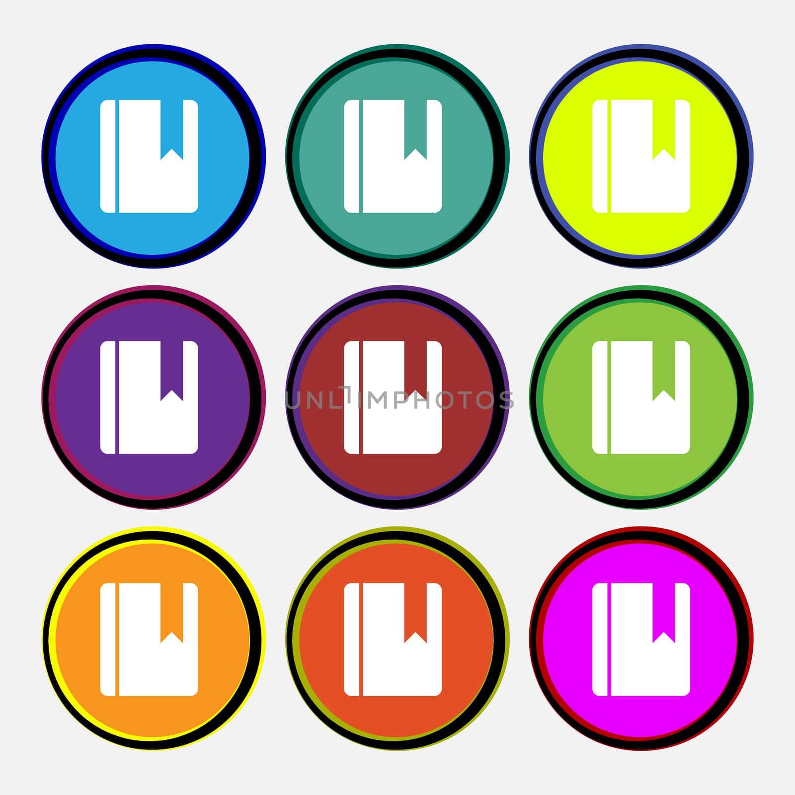 book bookmark icon sign. Nine multi-colored round buttons. illustration