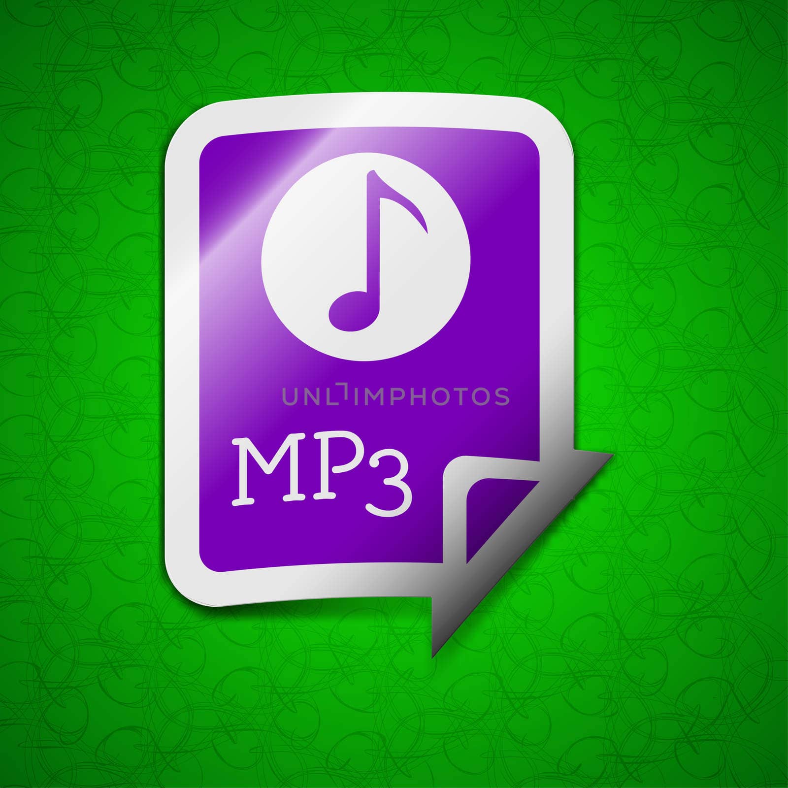 Audio, MP3 file icon sign. Symbol chic colored sticky label on green background. illustration