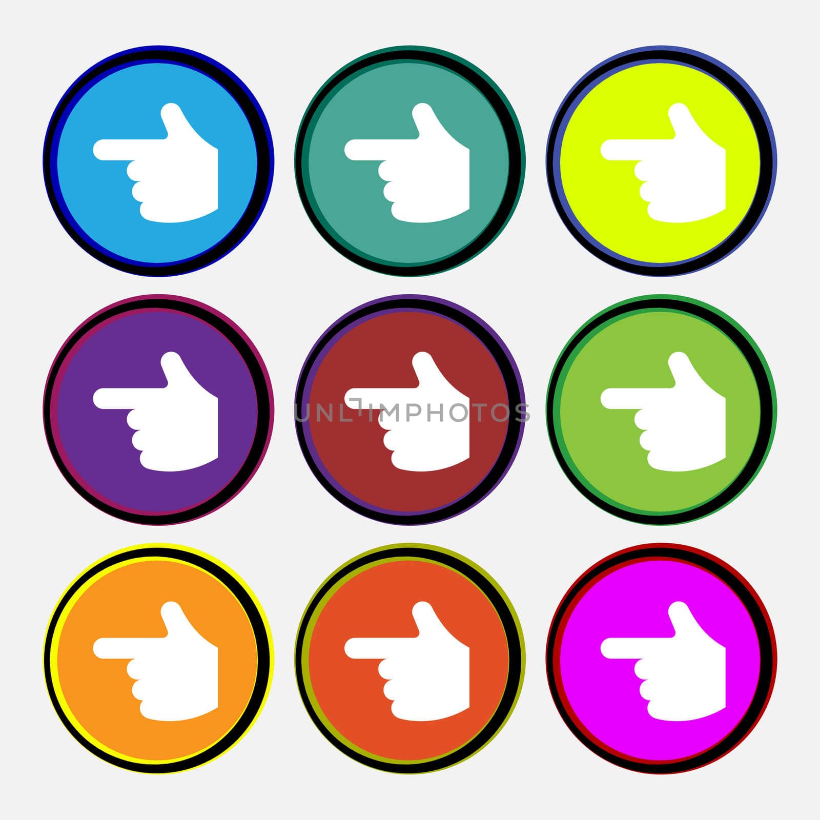 pointing hand icon sign. Nine multi-colored round buttons.  by serhii_lohvyniuk