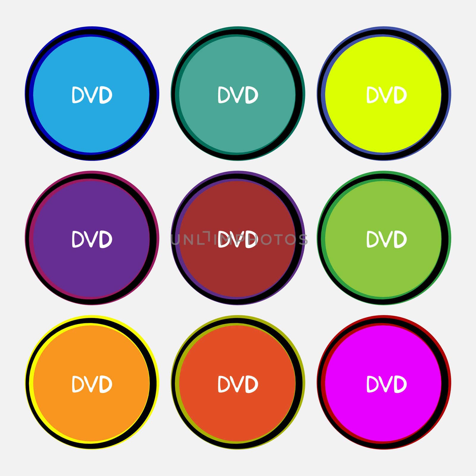 dvd icon sign. Nine multi colored round buttons.  by serhii_lohvyniuk