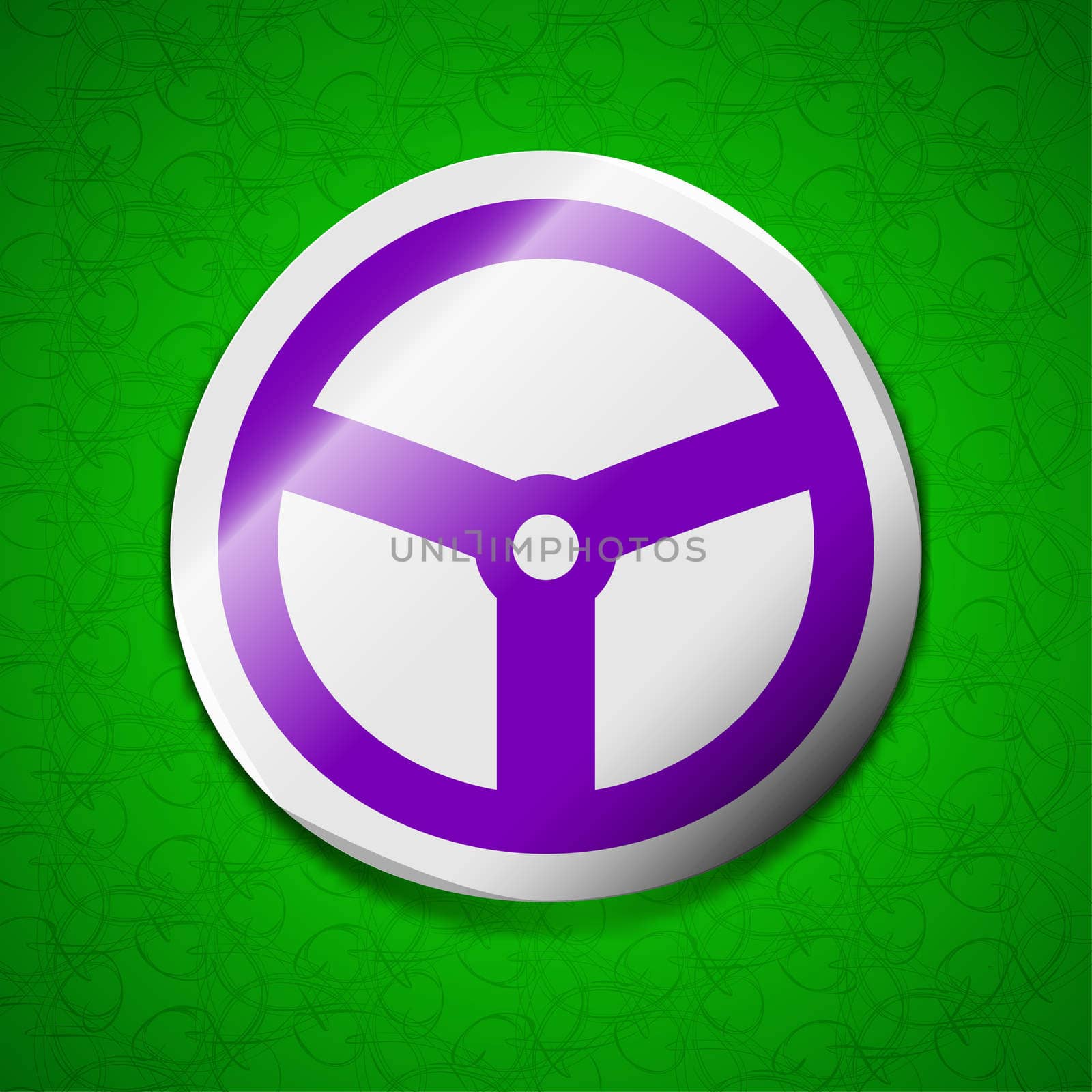 Steering wheel icon sign. Symbol chic colored sticky label on green background. illustration