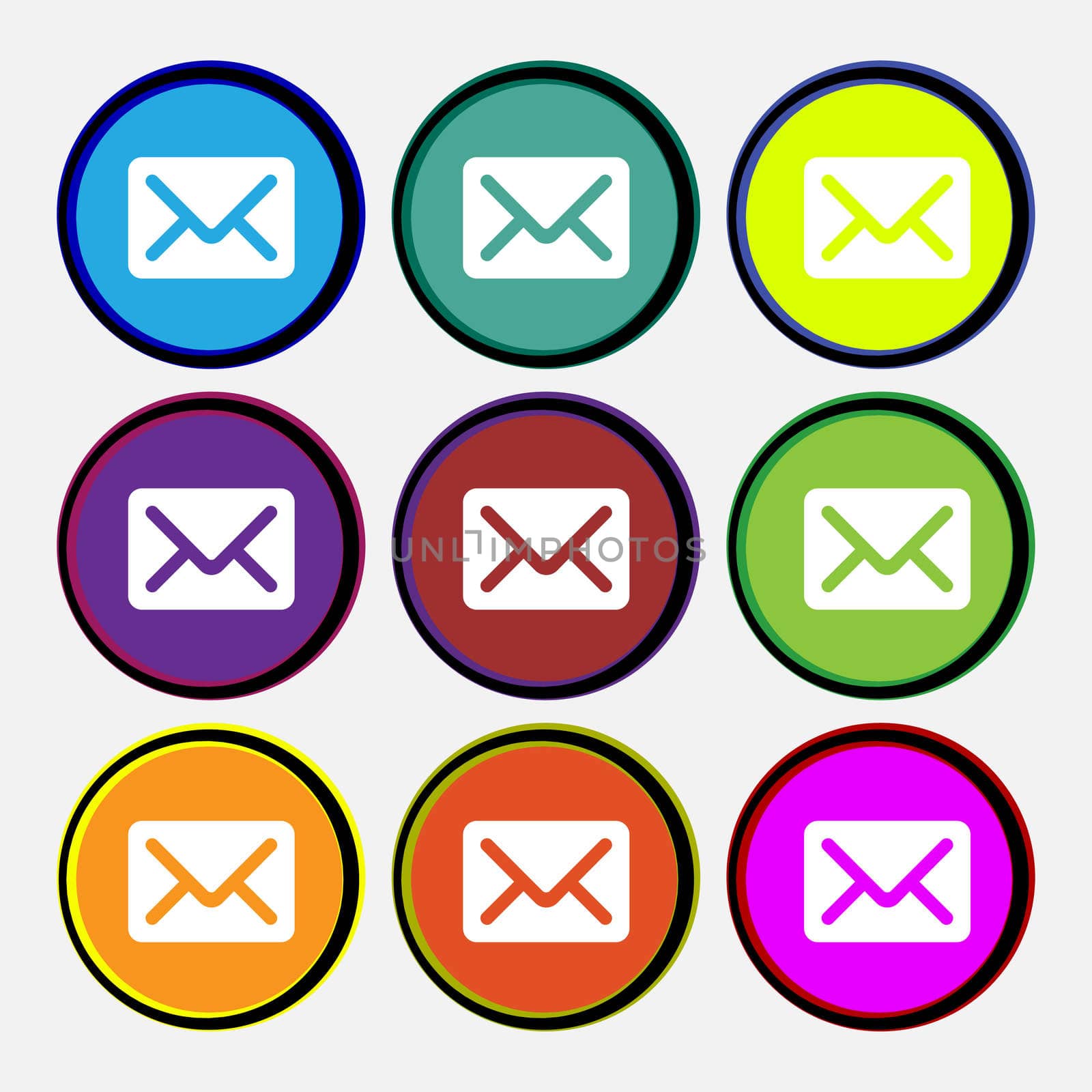 Mail, envelope, letter icon sign. Nine multi colored round buttons.  by serhii_lohvyniuk