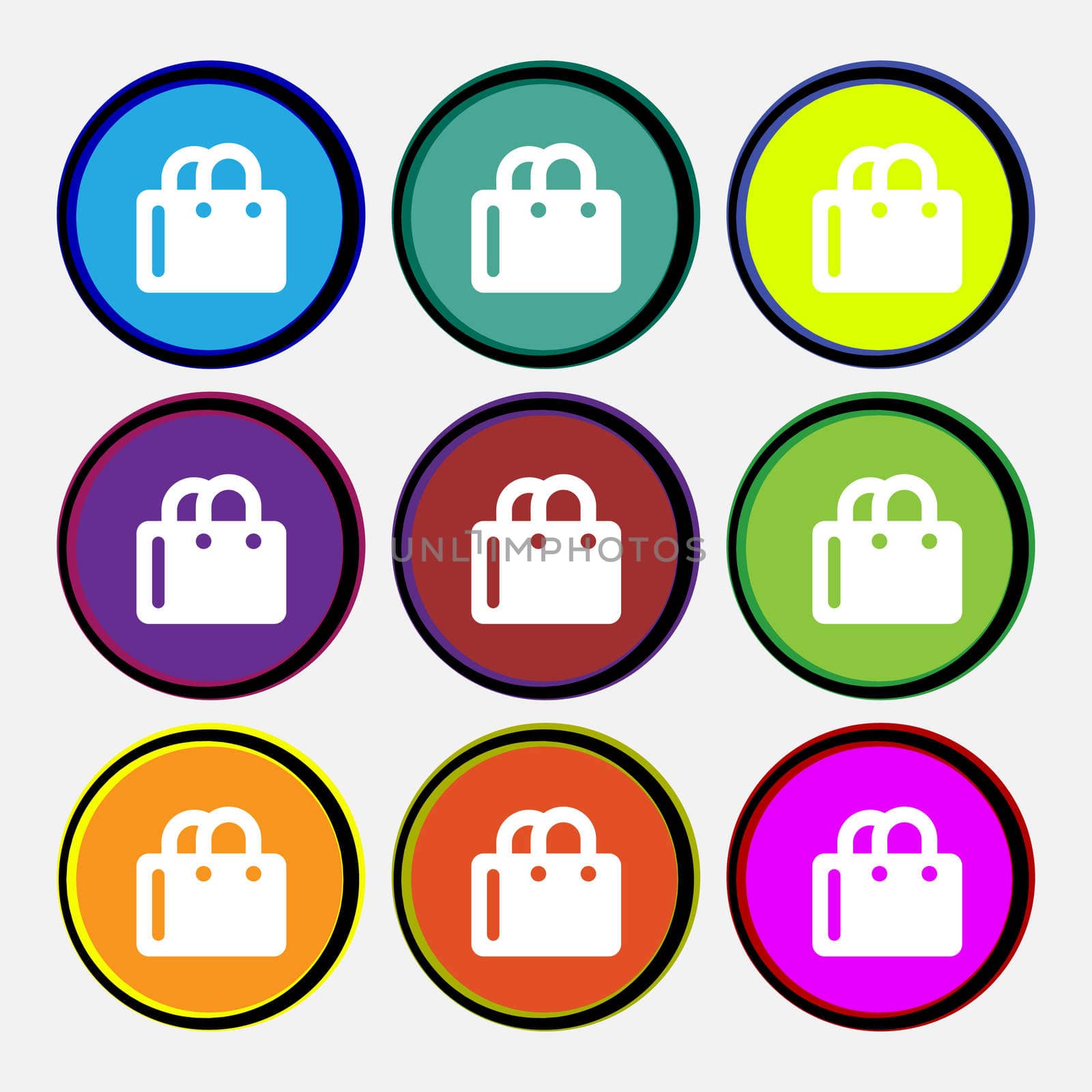 shopping bag icon sign. Nine multi colored round buttons.  by serhii_lohvyniuk
