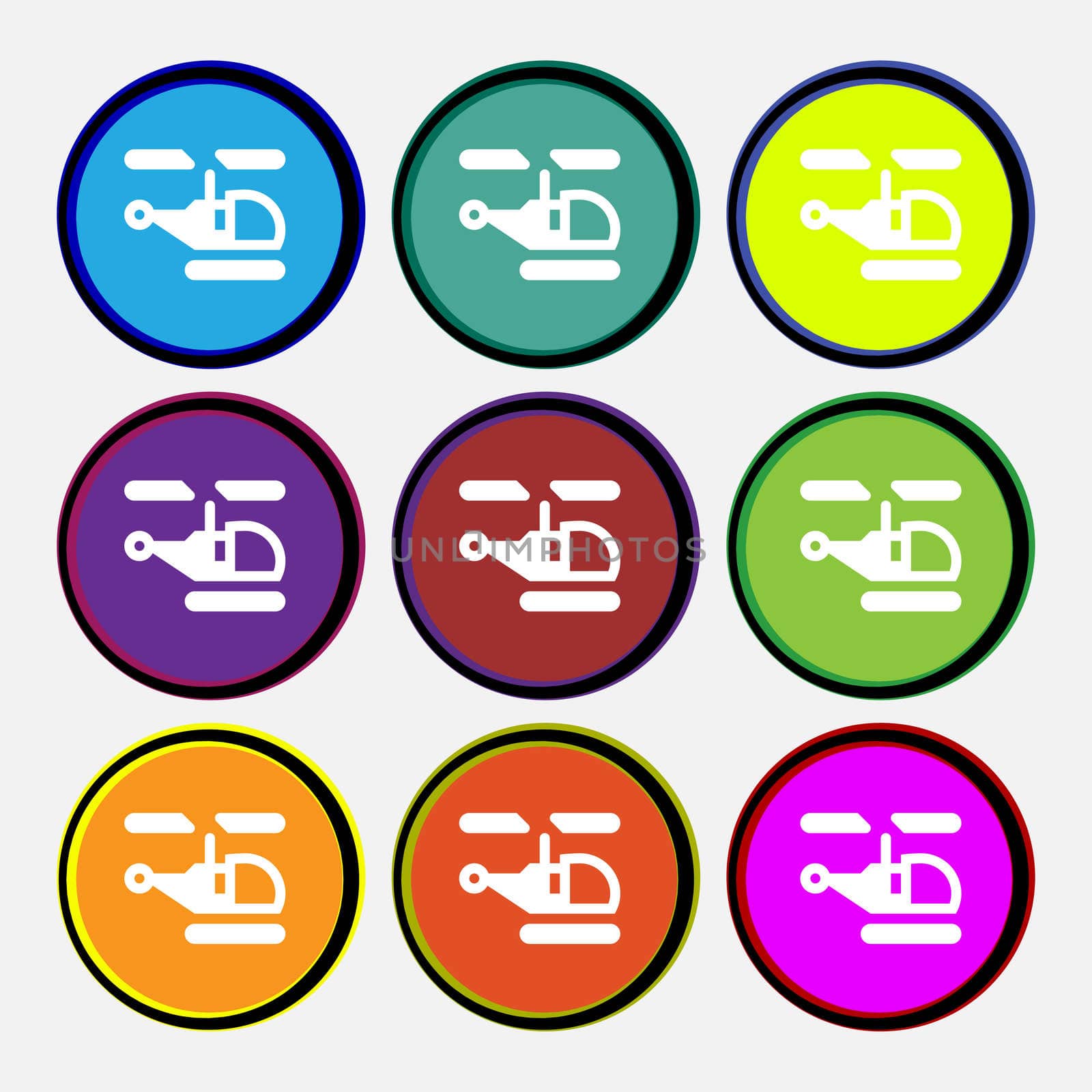 Helicopter icon sign. Nine multi-colored round buttons.  by serhii_lohvyniuk