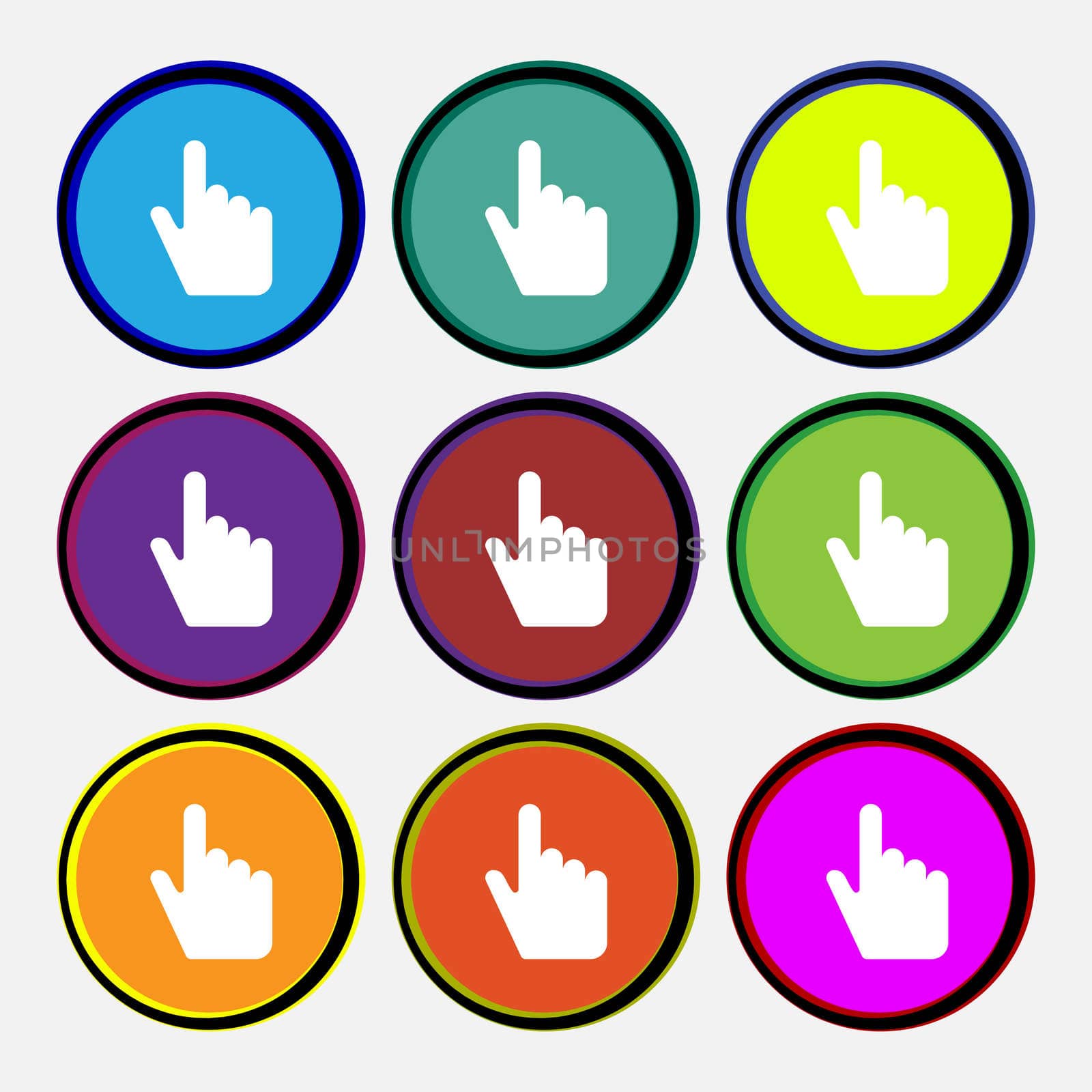 cursor icon sign. Nine multi colored round buttons. illustration