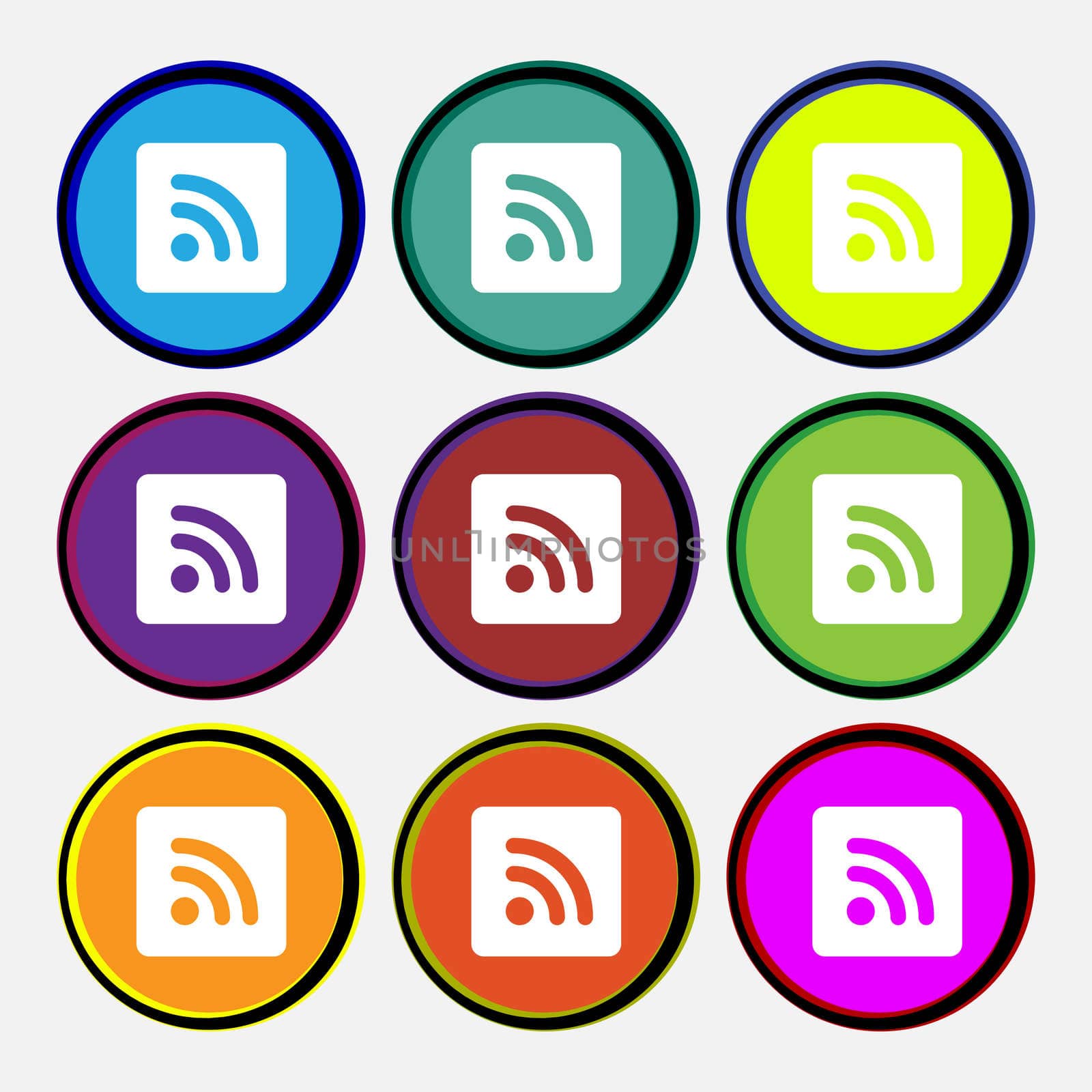 RSS feed icon sign. Nine multi colored round buttons.  by serhii_lohvyniuk