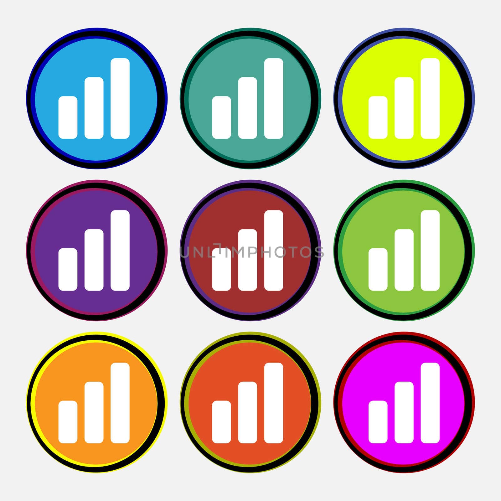 Growth and development concept. graph of Rate icon sign. Nine multi-colored round buttons. illustration