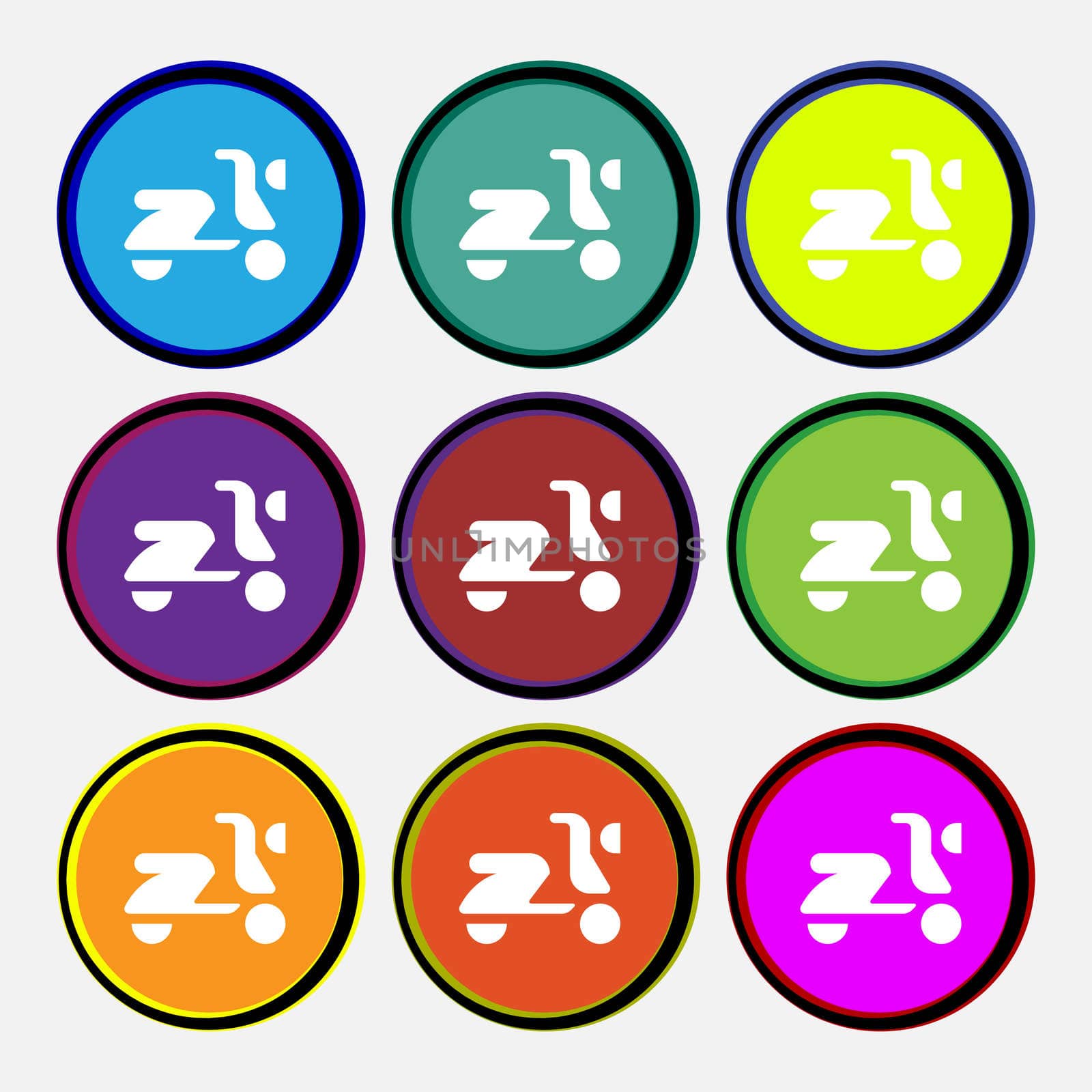 Scooter, bike icon sign. Nine multi-colored round buttons. illustration