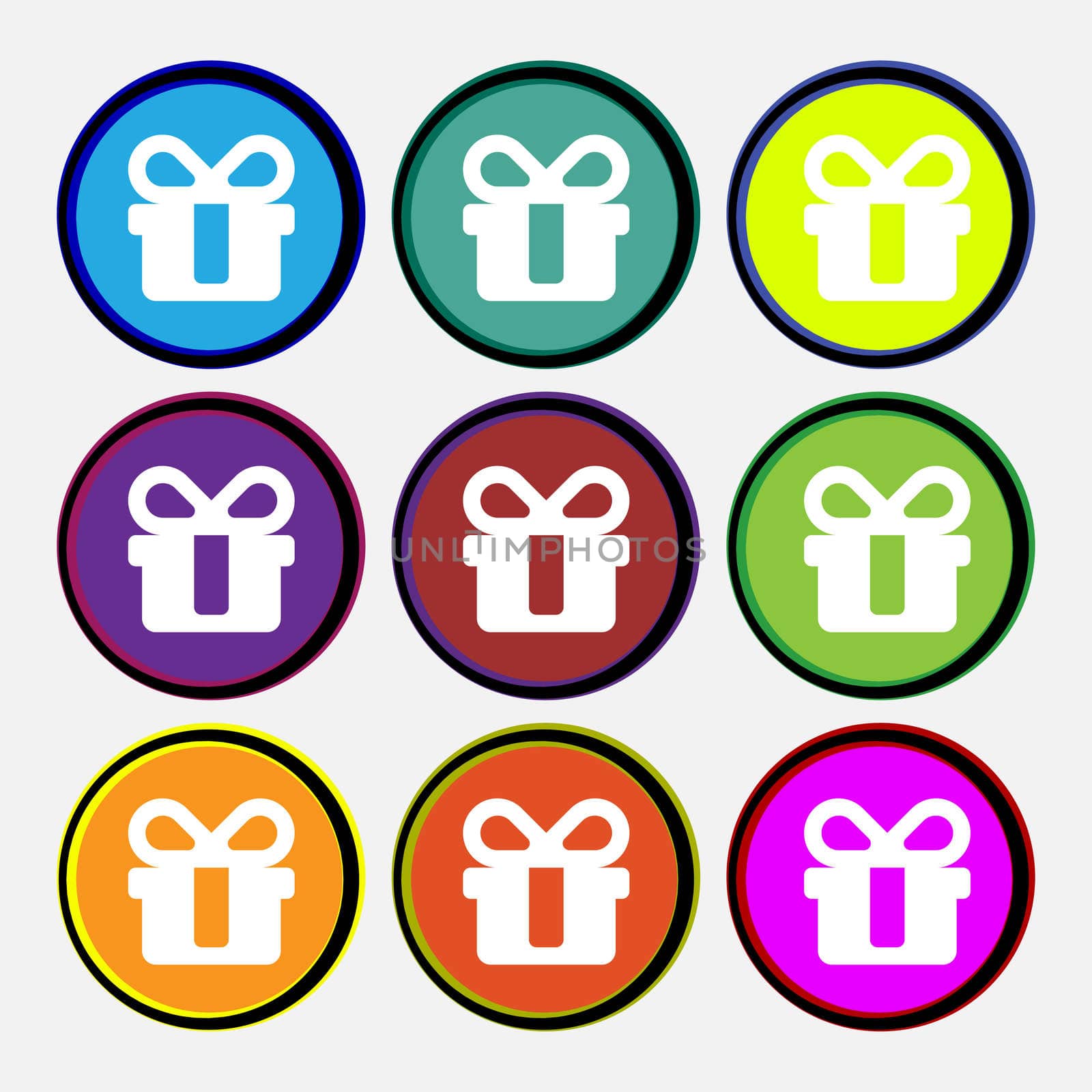 gift icon sign. Nine multi colored round buttons.  by serhii_lohvyniuk