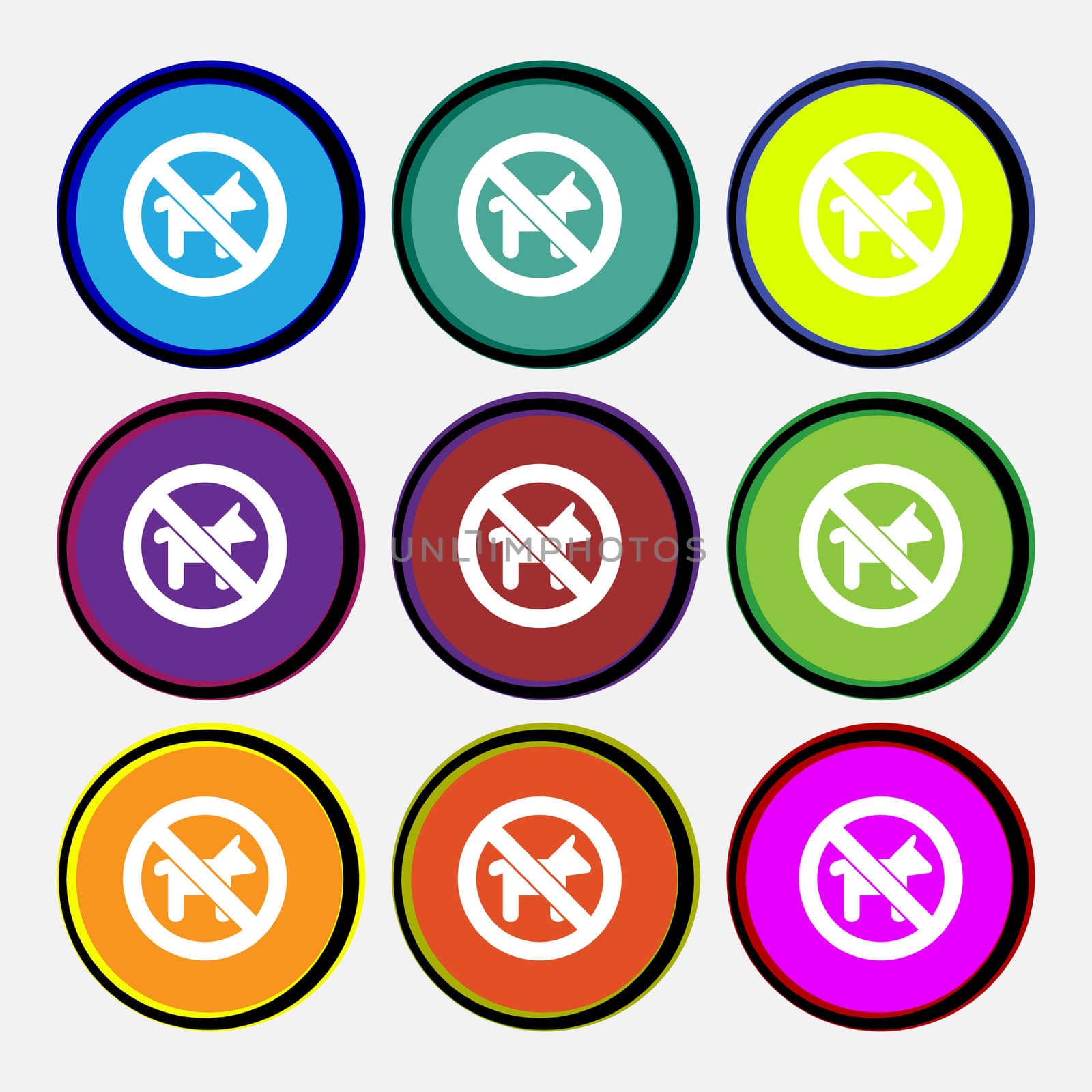 dog walking is prohibited icon sign. Nine multi colored round buttons. illustration