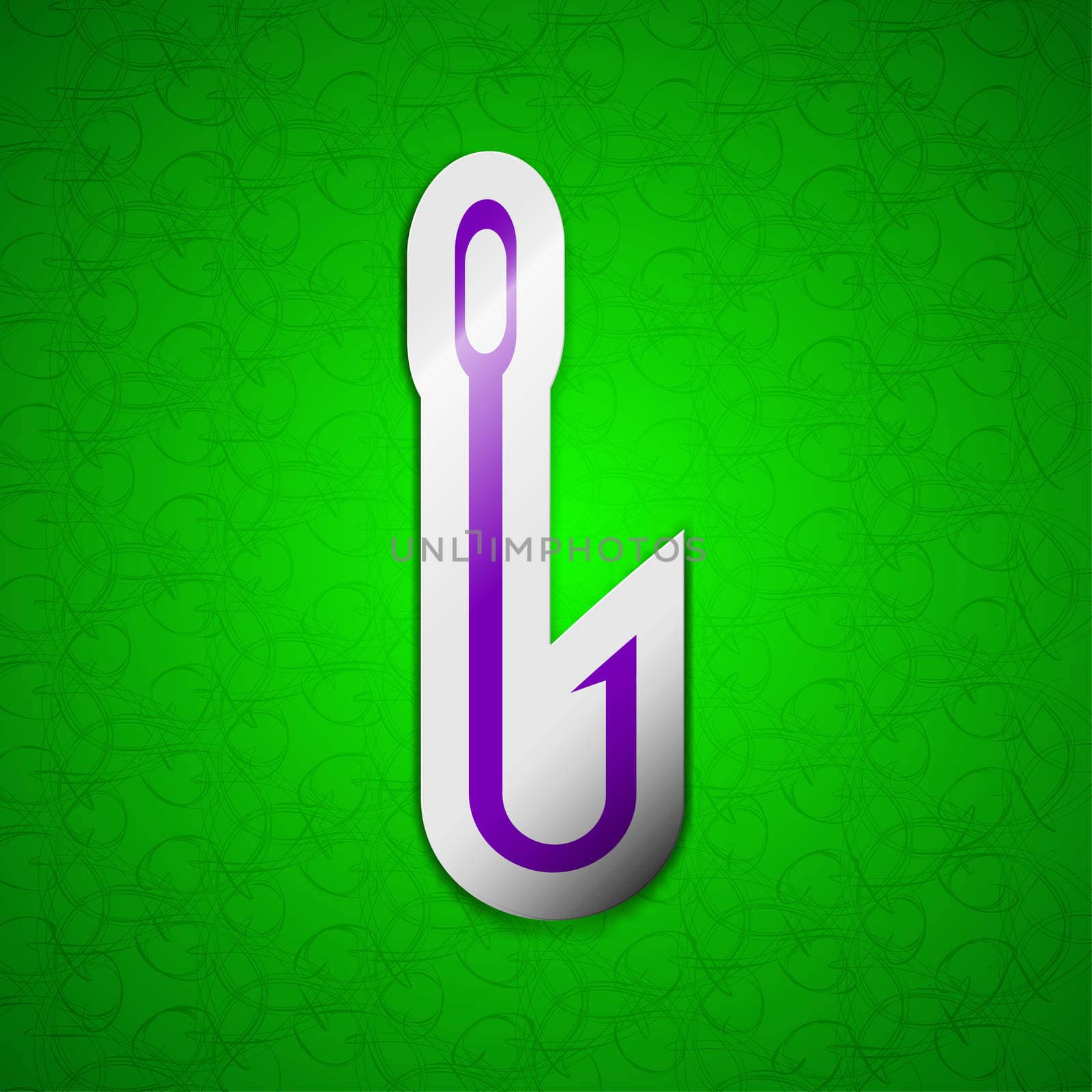 Fishing hook icon sign. Symbol chic colored sticky label on green background.  by serhii_lohvyniuk
