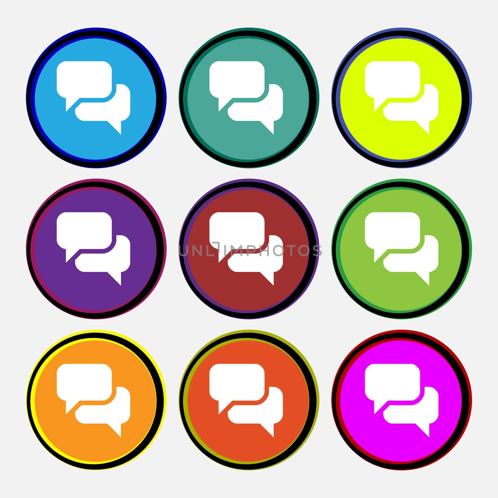 Speech bubble, Think cloud icon sign. Nine multi-colored round buttons.  by serhii_lohvyniuk