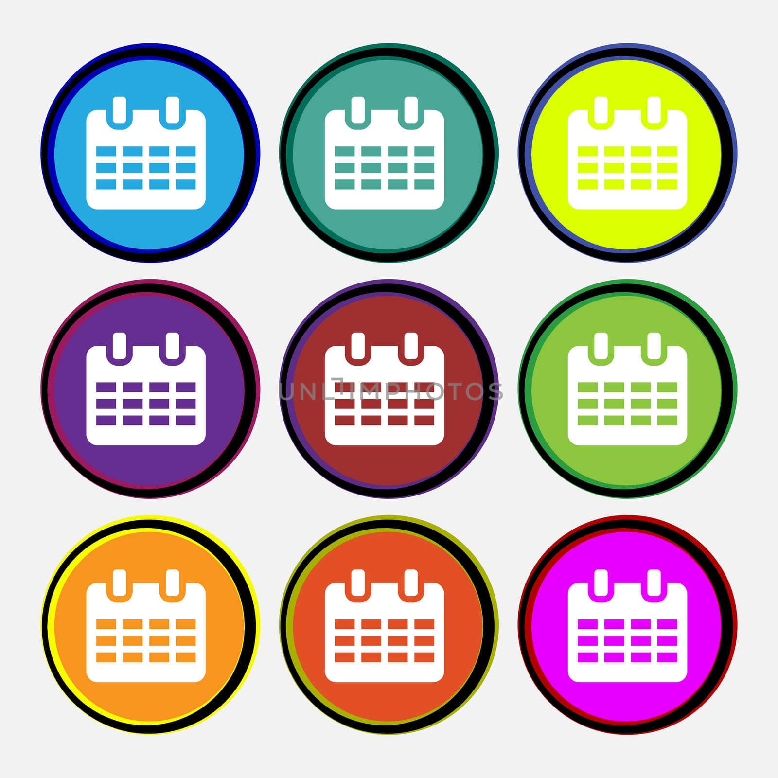  Calendar, Date or event reminder  icon sign. Nine multi-colored round buttons.  by serhii_lohvyniuk