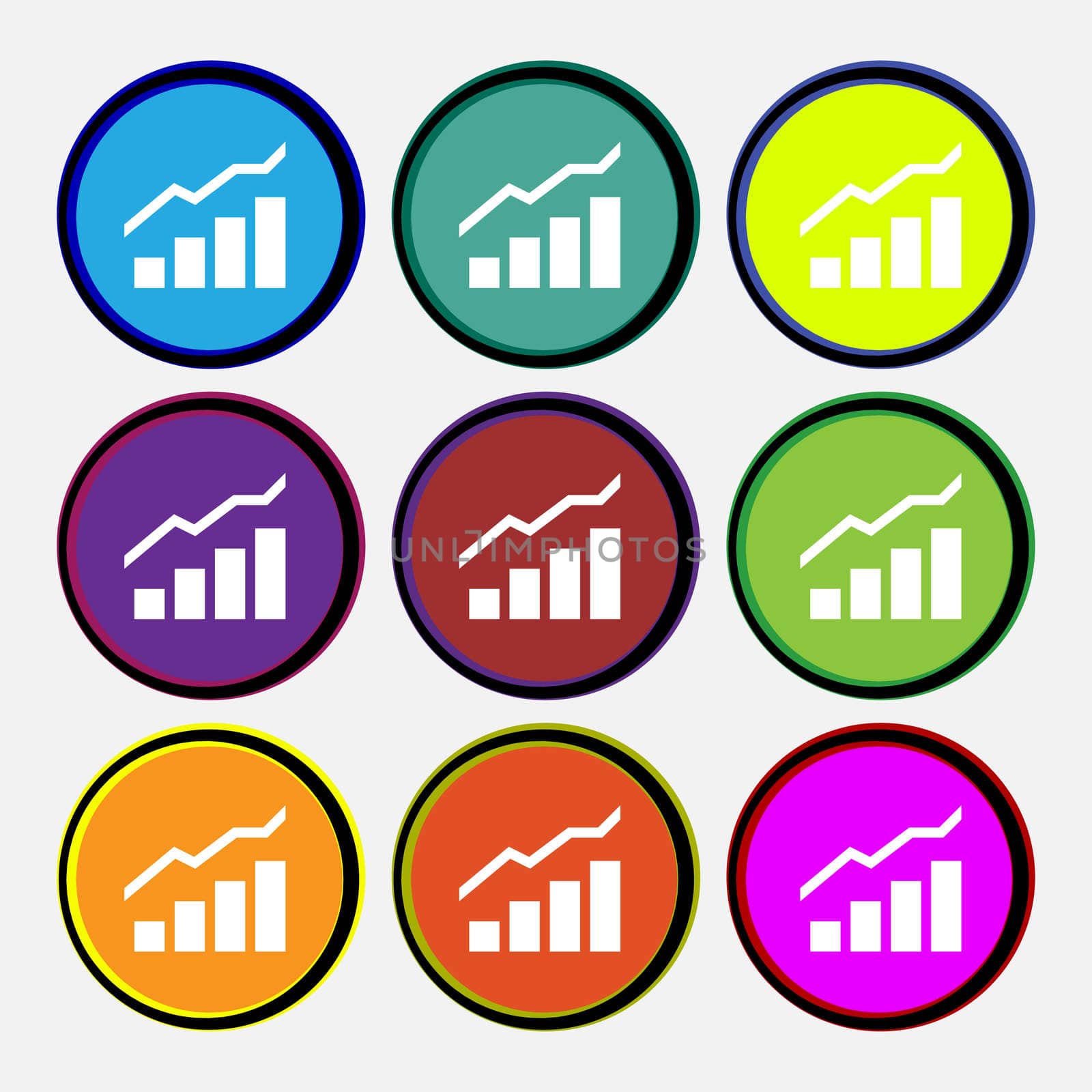 Growth and development concept. graph of Rate icon sign. Nine multi-colored round buttons.  by serhii_lohvyniuk