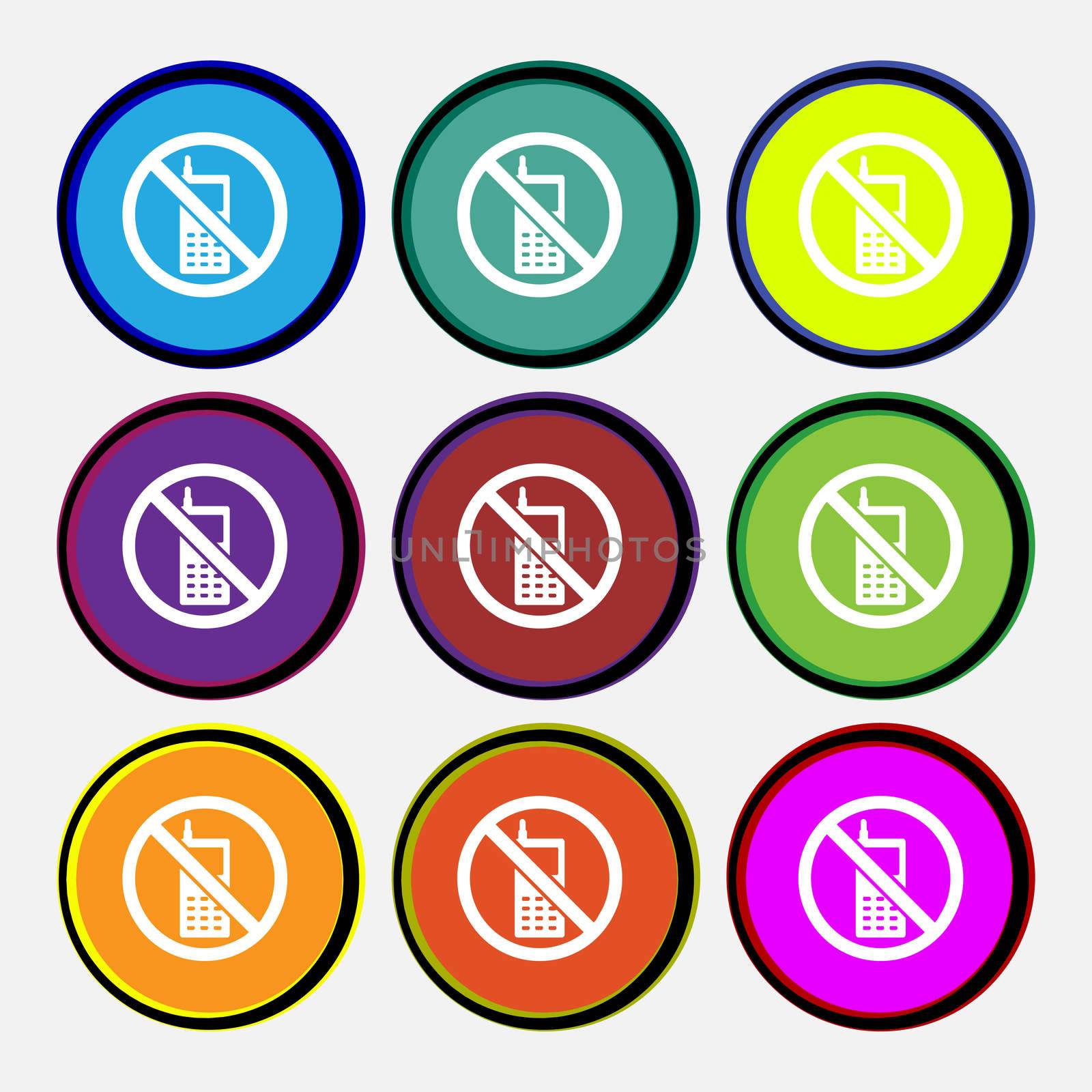 mobile phone is prohibited icon sign. Nine multi colored round buttons. illustration