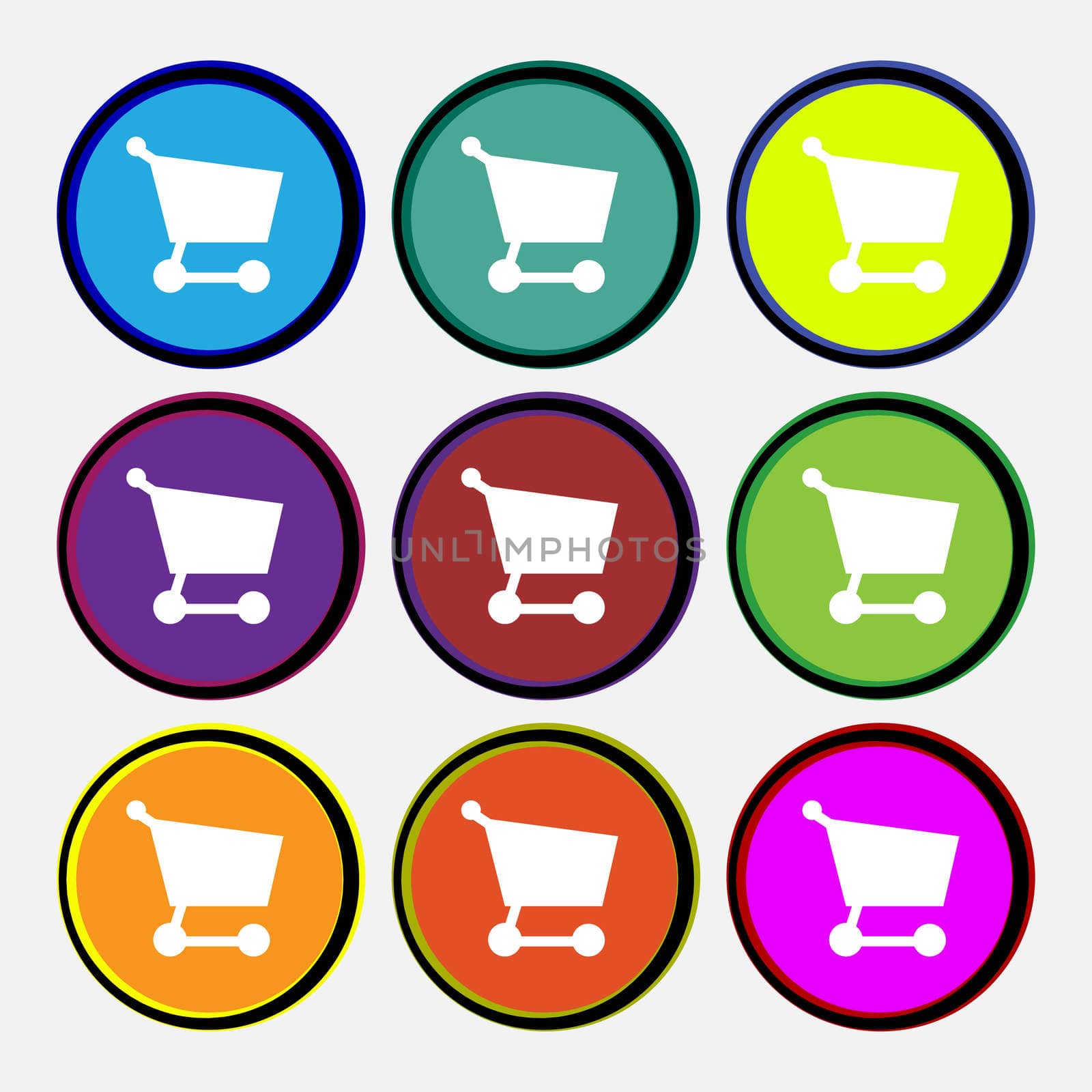 Shopping basket icon sign. Nine multi-colored round buttons.  by serhii_lohvyniuk