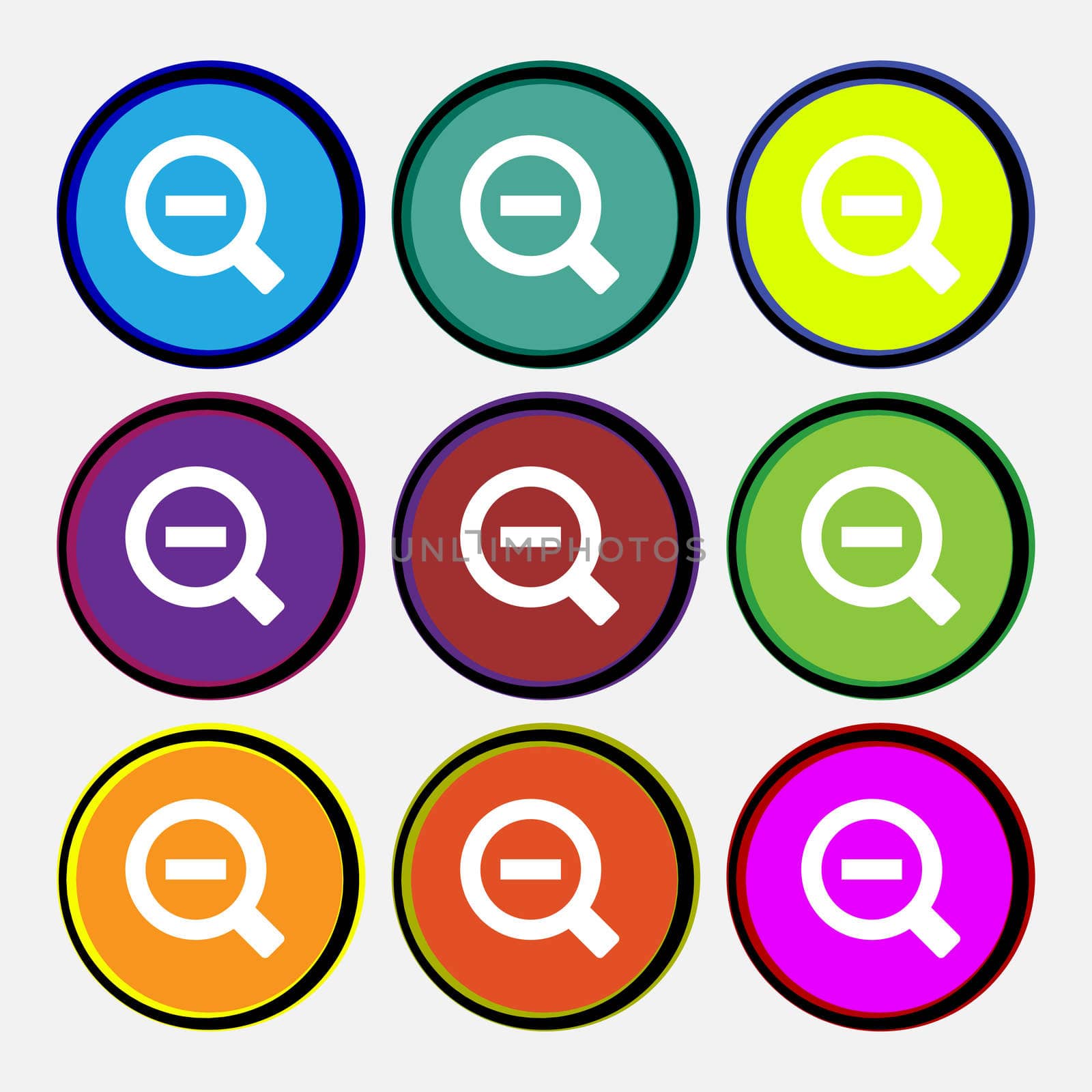 Magnifier glass, Zoom tool icon sign. Nine multi-colored round buttons.  by serhii_lohvyniuk