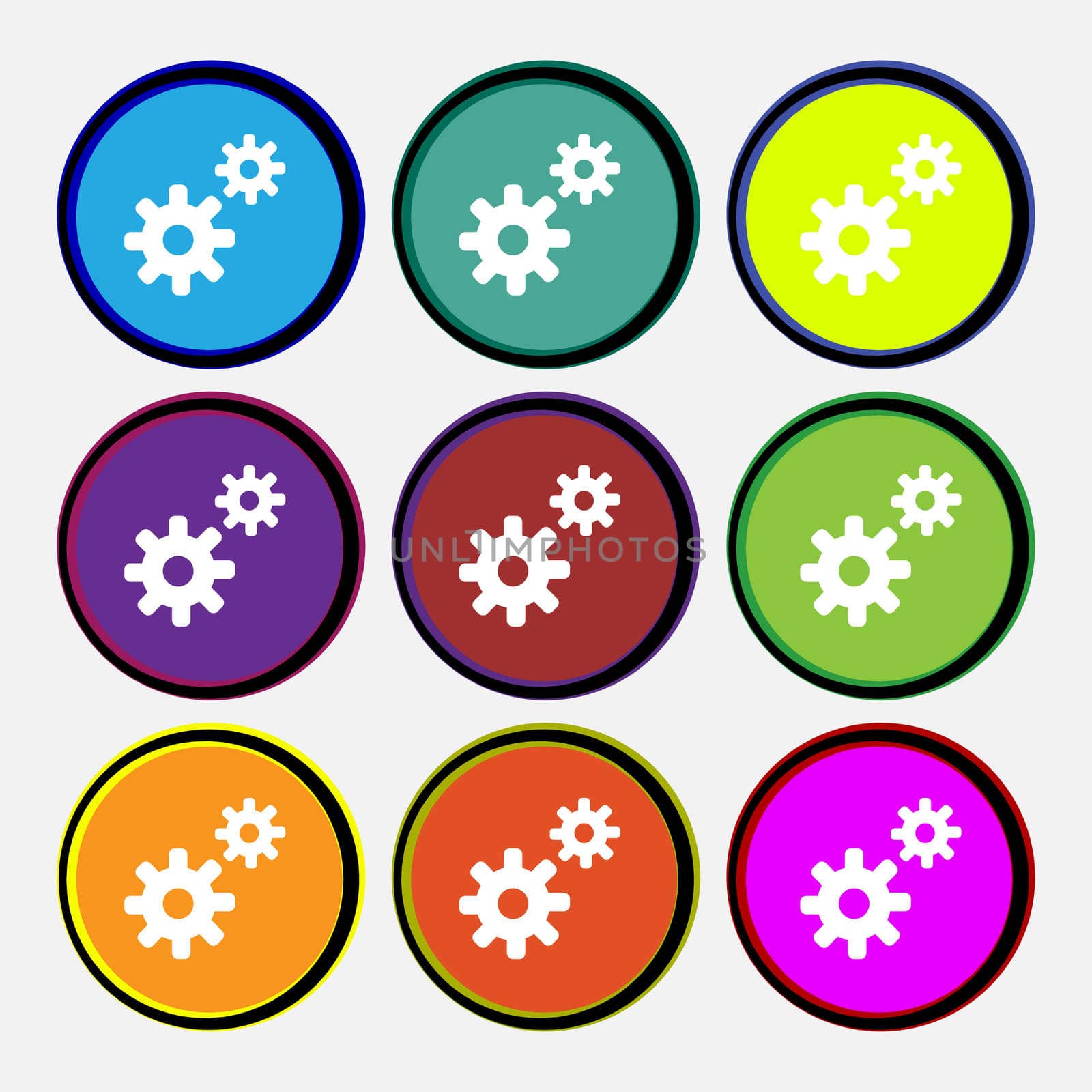 Cog settings, Cogwheel gear mechanism icon sign. Nine multi-colored round buttons. illustration