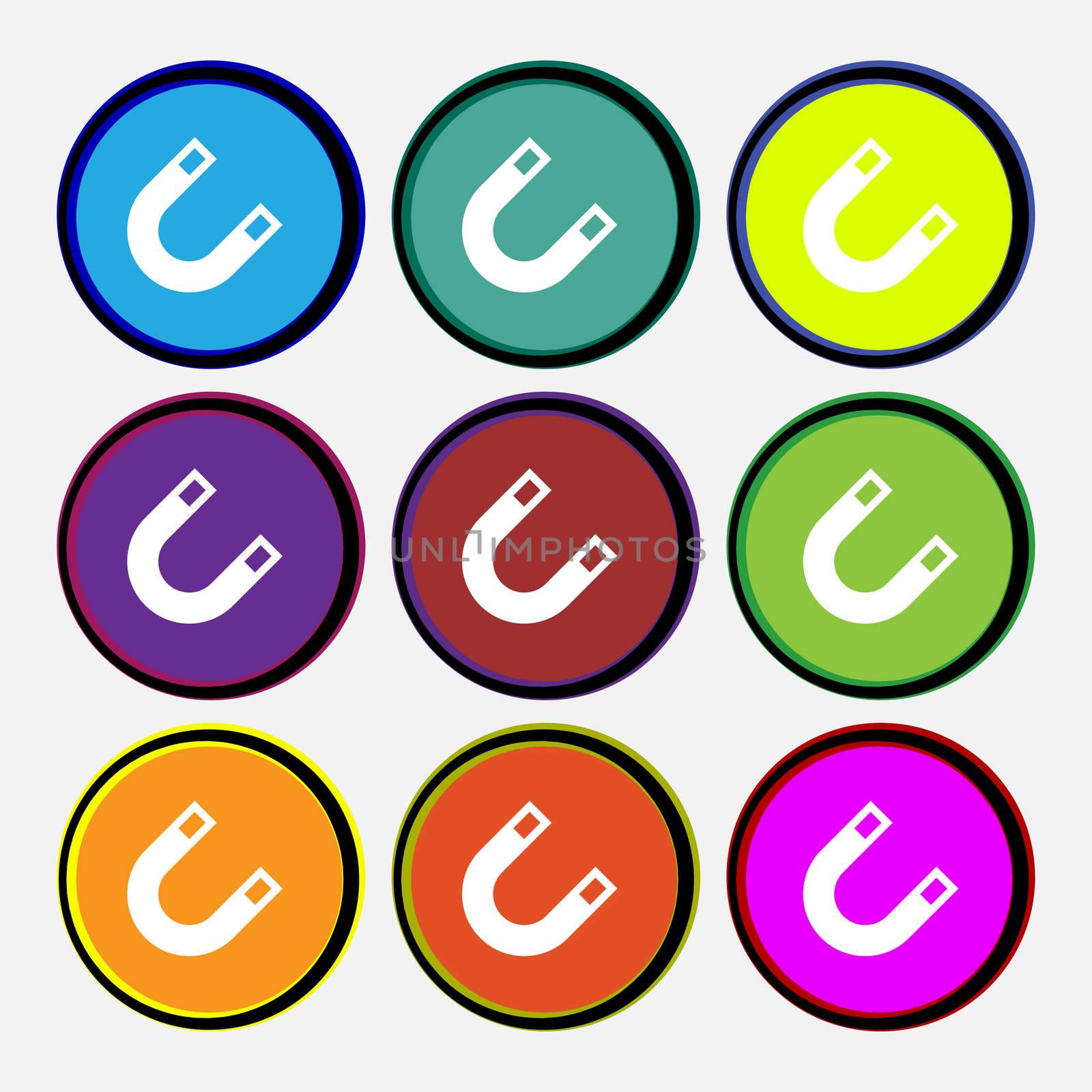 magnet, horseshoe icon sign. Nine multi-colored round buttons. illustration