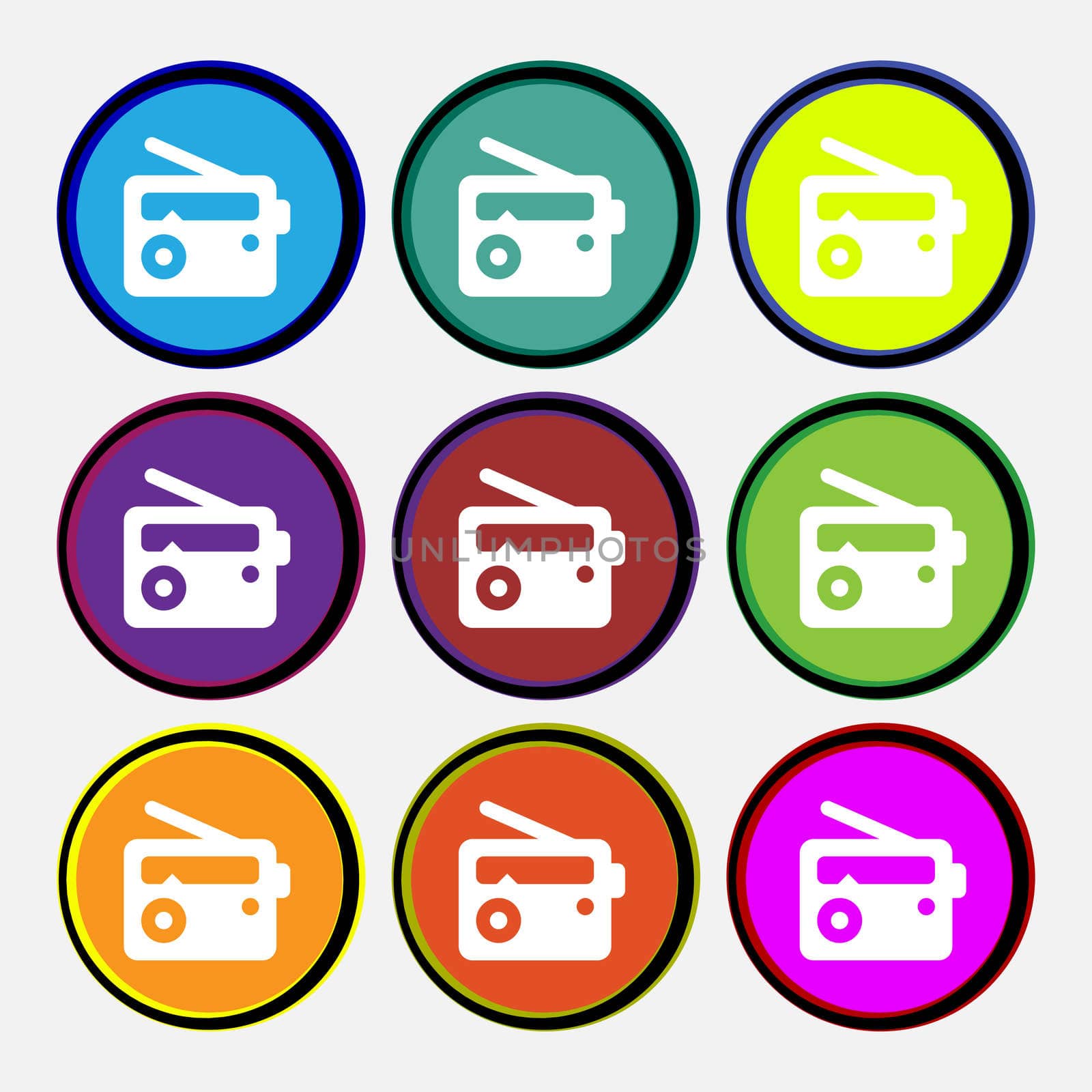 Retro Radio icon sign. Nine multi-colored round buttons. illustration