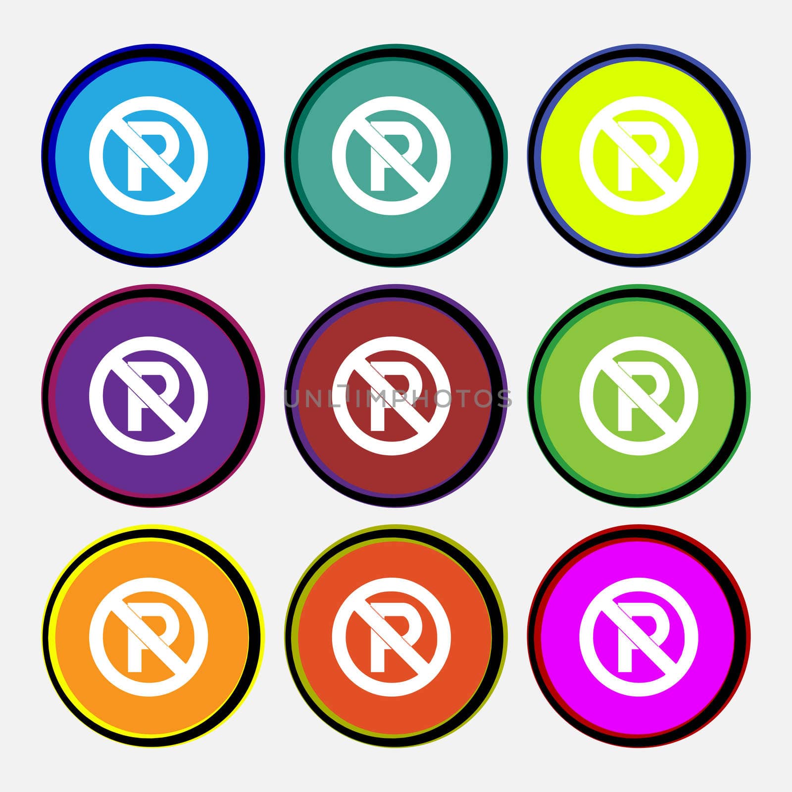 No parking icon sign. Nine multi colored round buttons. illustration