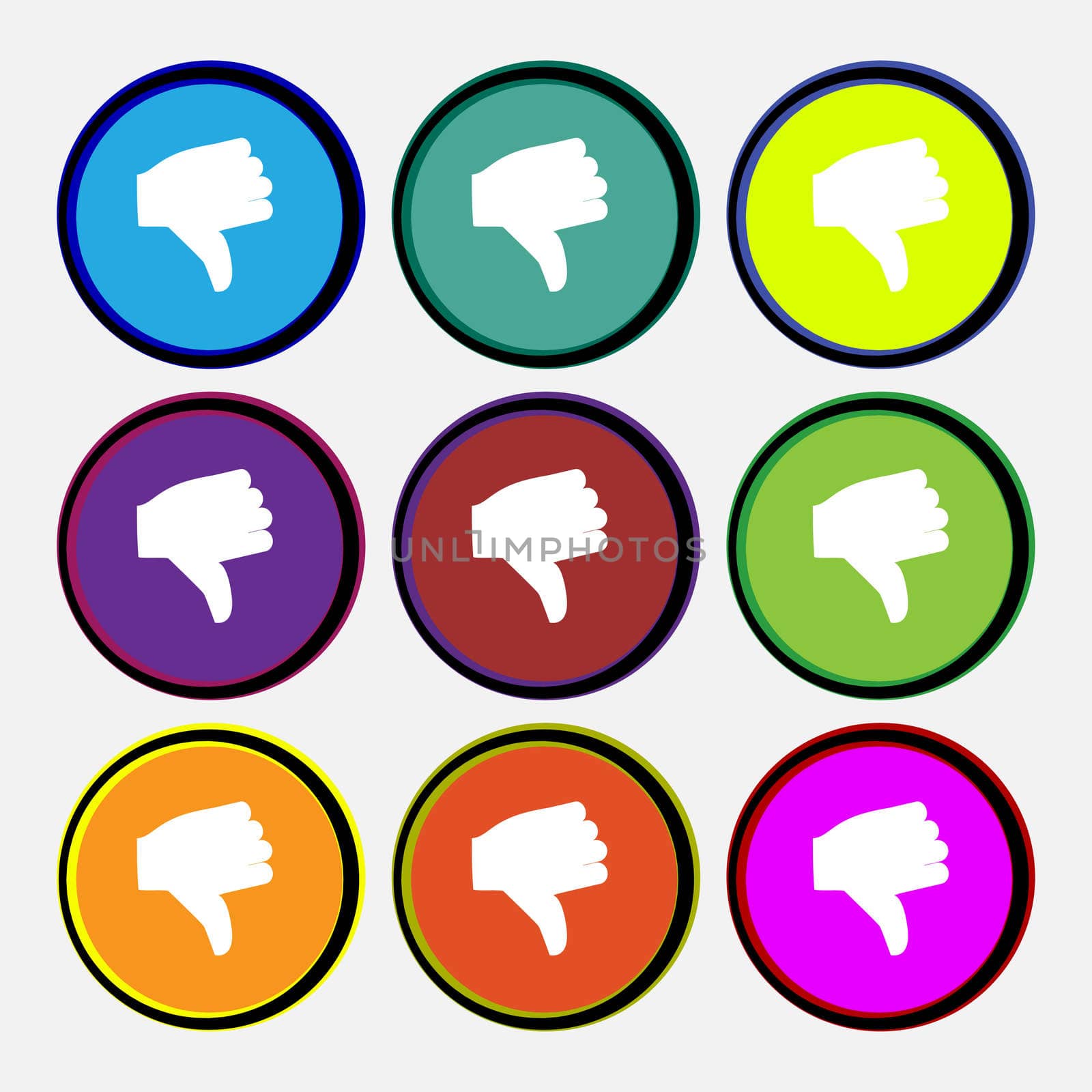 Dislike, Thumb down icon sign. Nine multi-colored round buttons.  by serhii_lohvyniuk