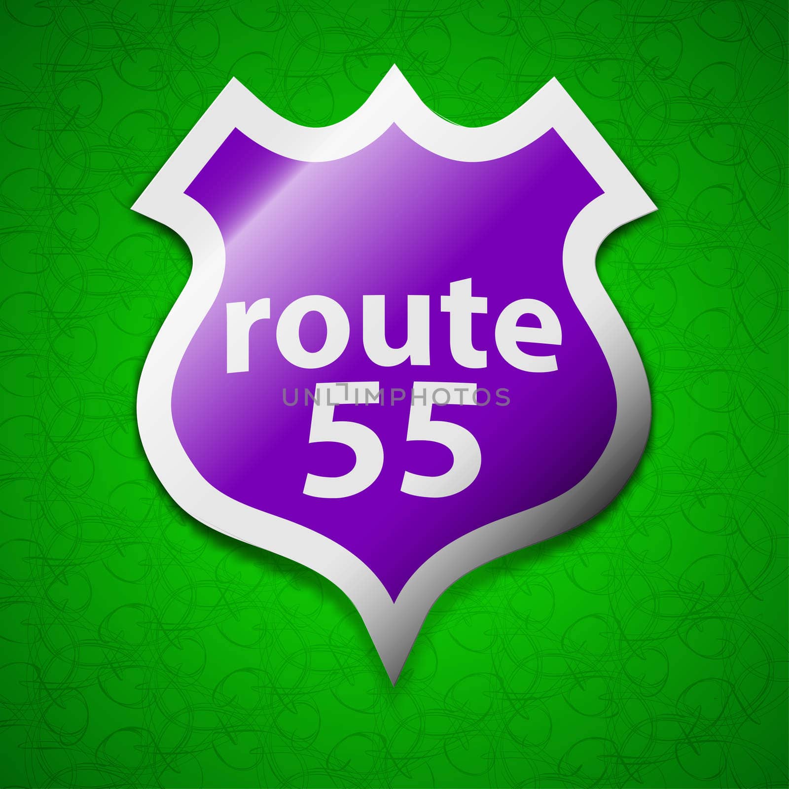 Route 55 highway icon sign. Symbol chic colored sticky label on green background. illustration