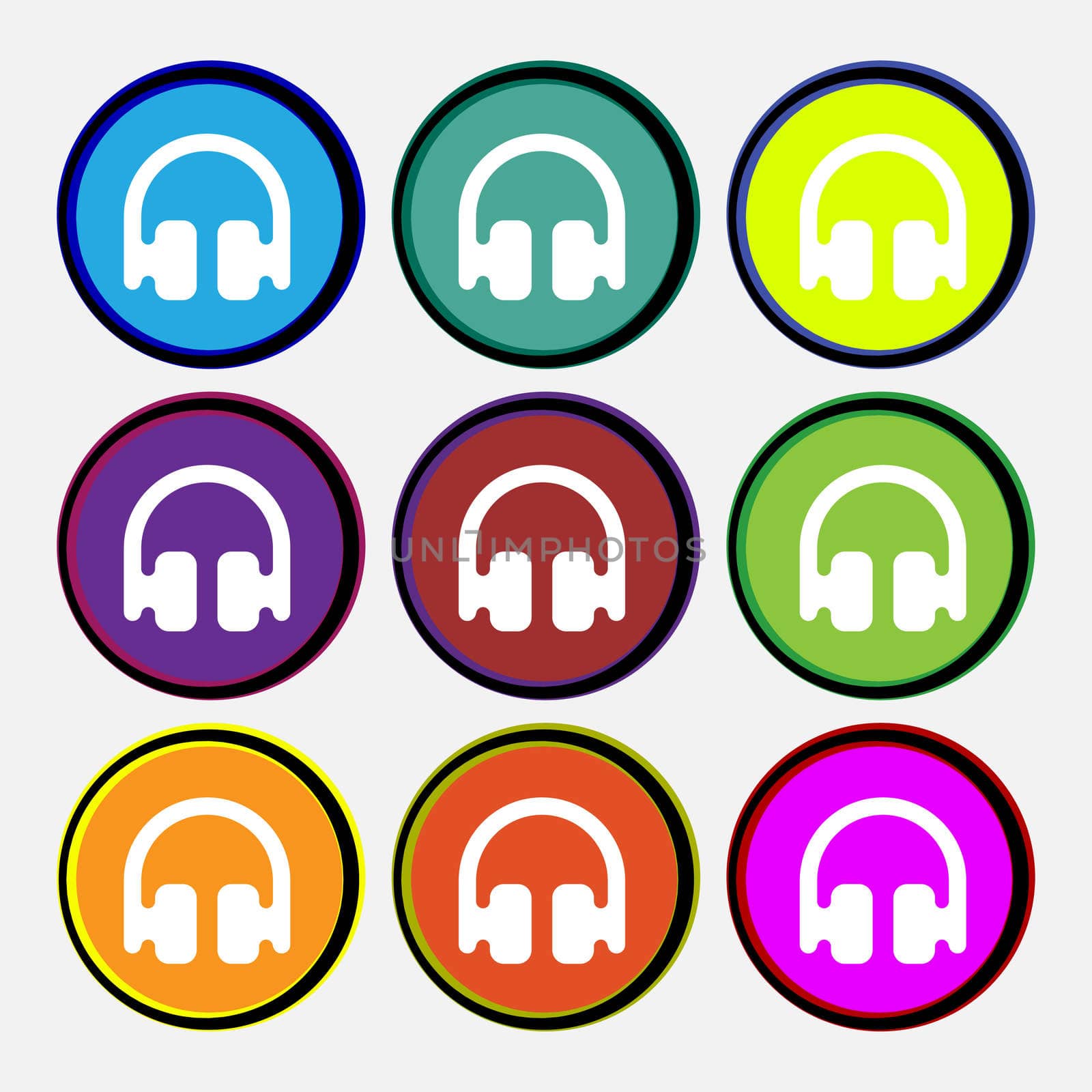 Headphones, Earphones icon sign. Nine multi-colored round buttons. illustration