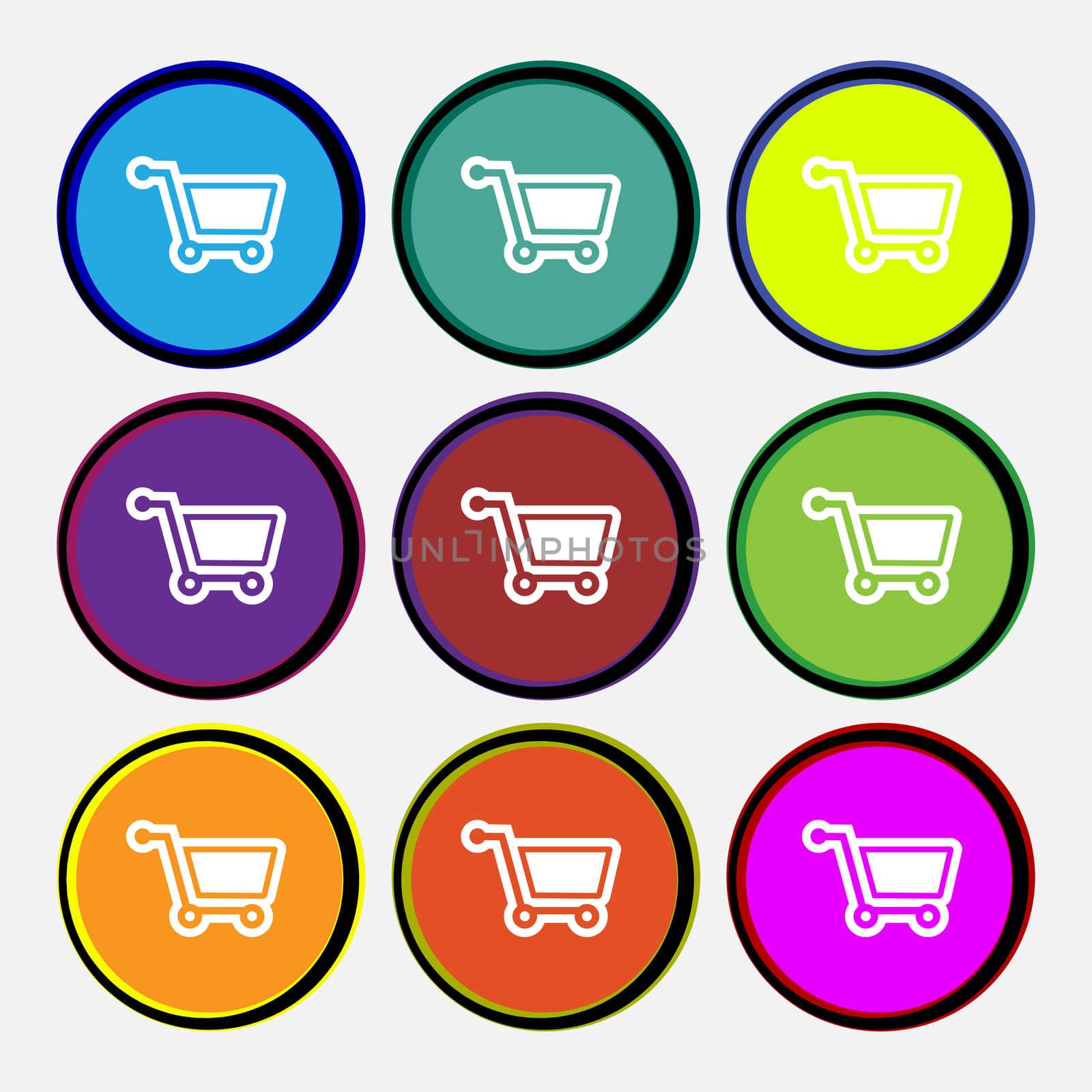 shopping cart icon sign. Nine multi colored round buttons. illustration