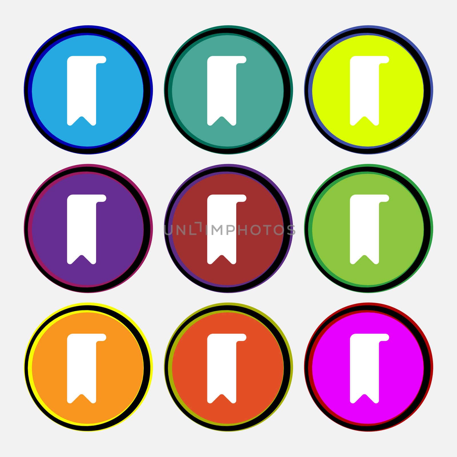 bookmark icon sign. Nine multi-colored round buttons.  by serhii_lohvyniuk