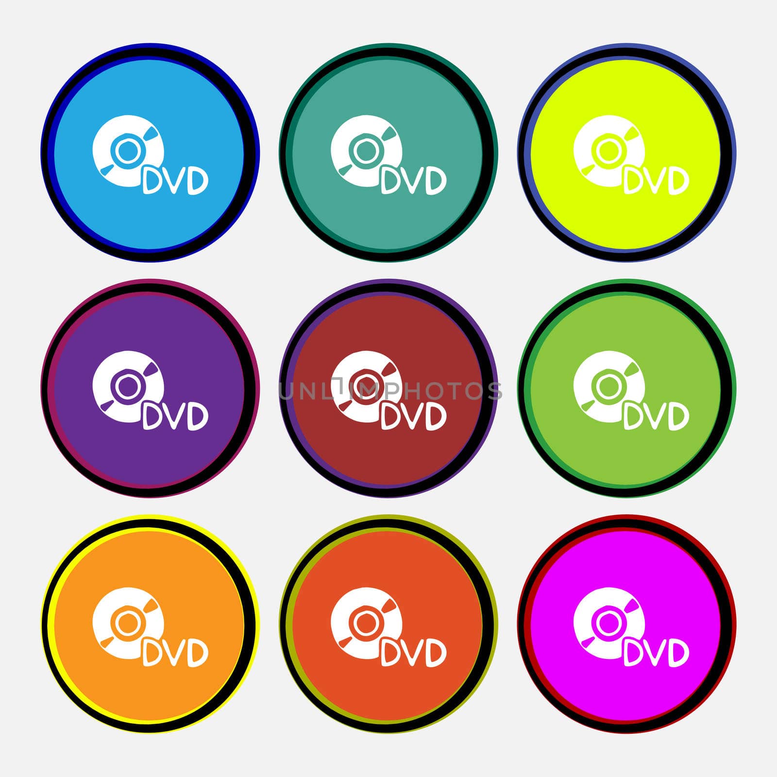 dvd icon sign. Nine multi colored round buttons. illustration