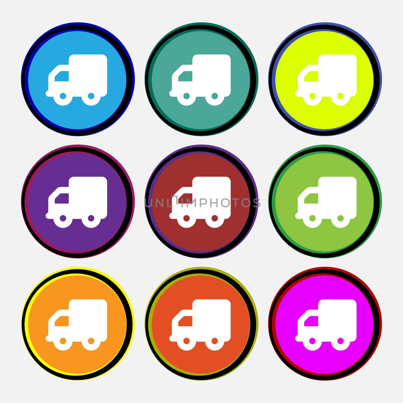 Delivery truck icon sign. Nine multi-colored round buttons. illustration