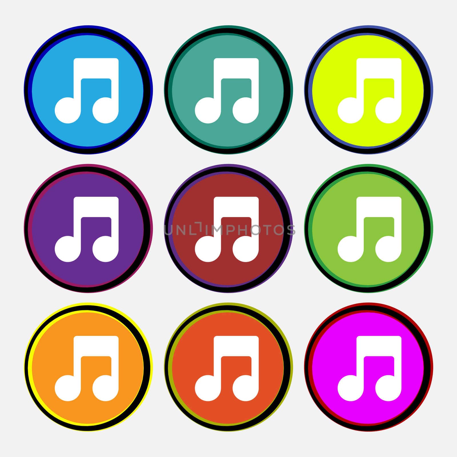 Music note icon sign. Nine multi-colored round buttons. illustration