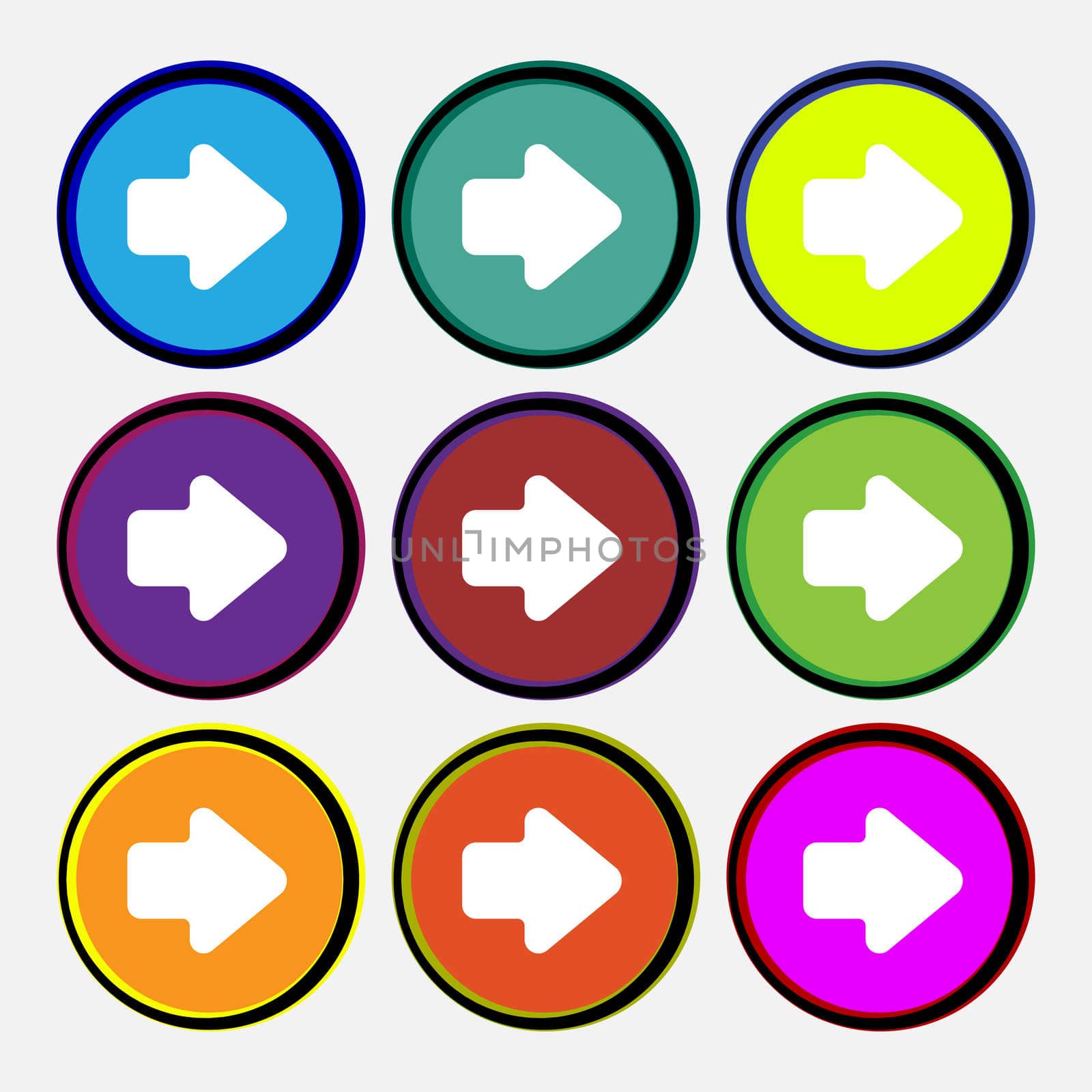 Arrow right, Next icon sign. Nine multi-colored round buttons. illustration