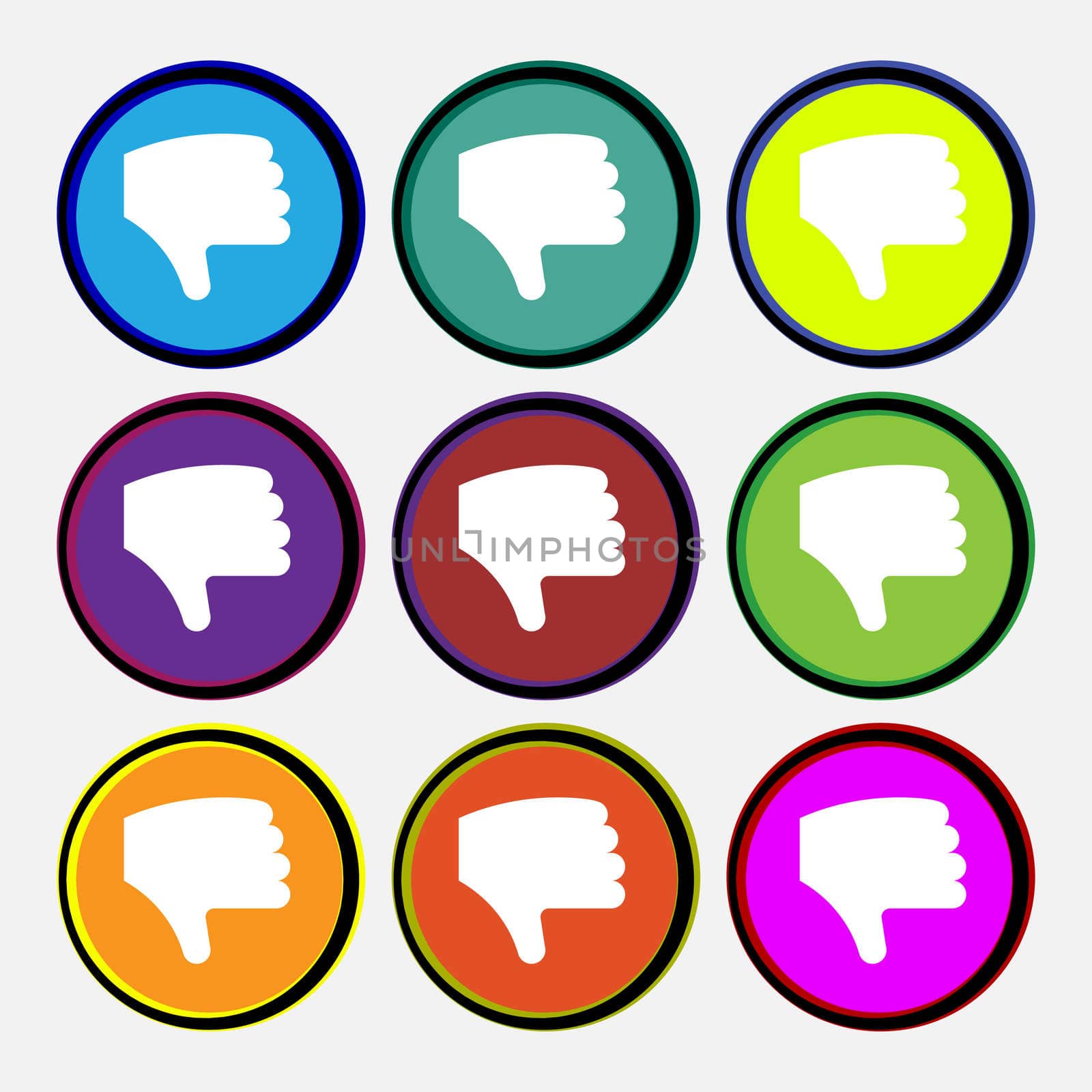 Dislike, Thumb down, Hand finger down icon sign. Nine multi-colored round buttons. illustration