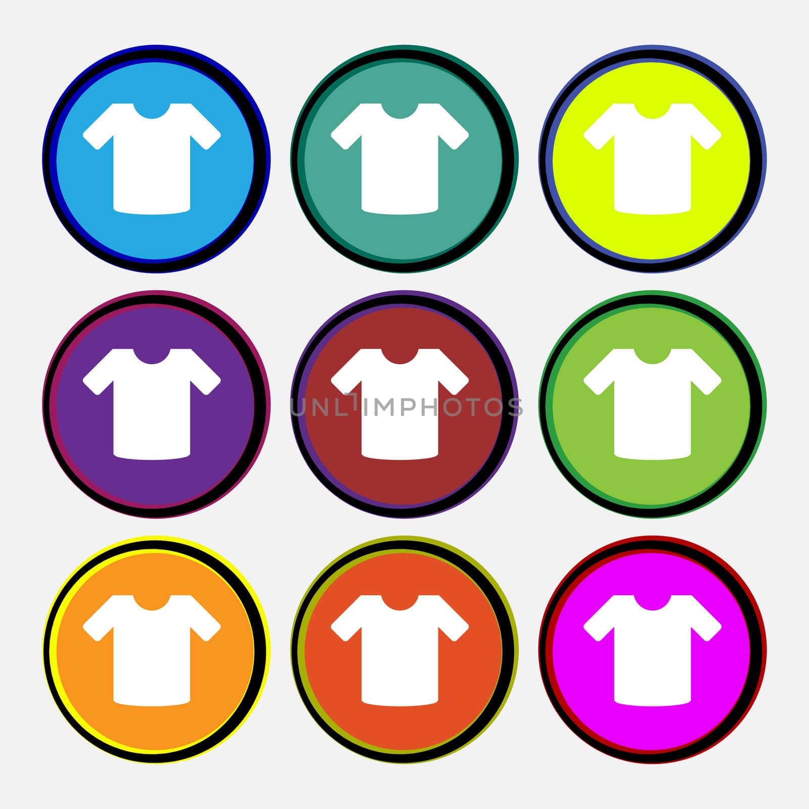 T-shirt, Clothes icon sign. Nine multi-colored round buttons. illustration