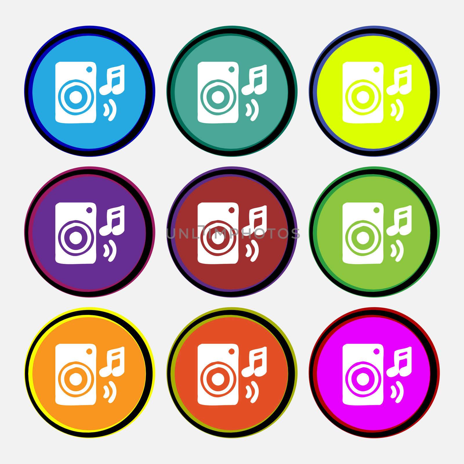 music column, disco, music, melody, speaker icon sign. Nine multi colored round buttons. illustration