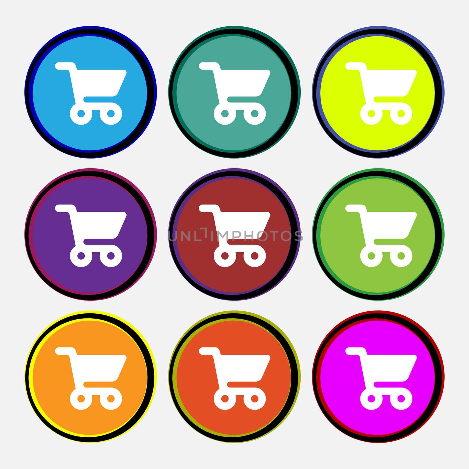 shopping basket icon sign. Nine multi colored round buttons.  by serhii_lohvyniuk