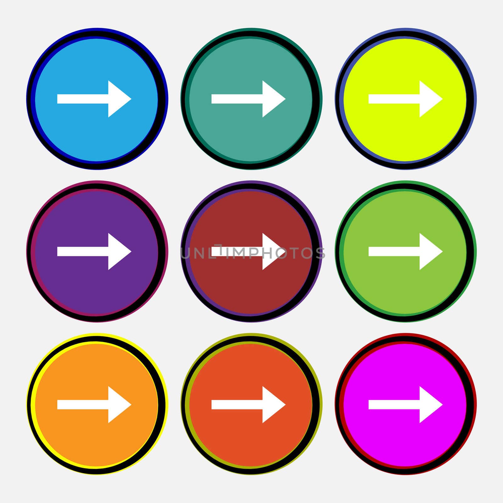 Arrow right, Next icon sign. Nine multi-colored round buttons. illustration