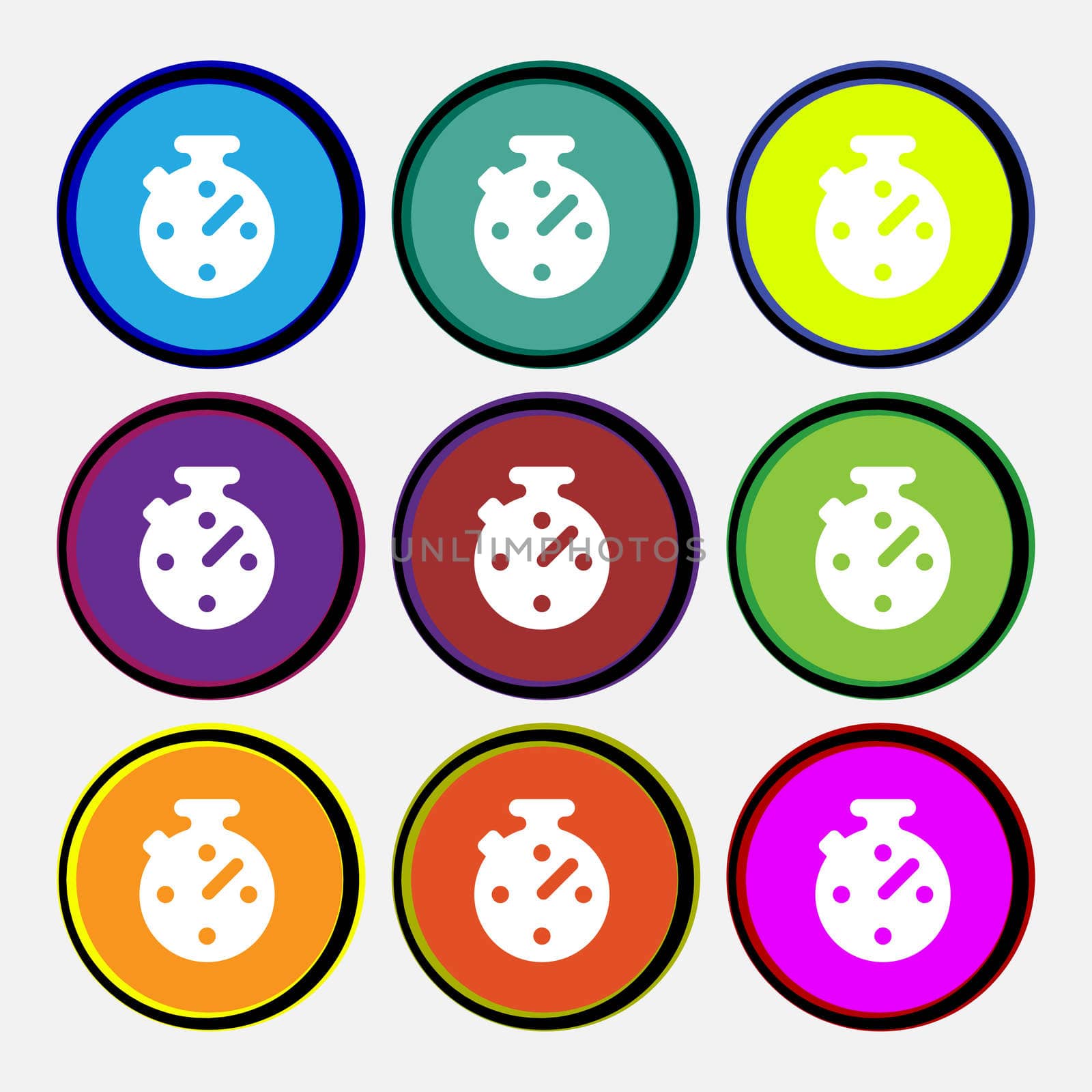 Timer, stopwatch icon sign. Nine multi-colored round buttons. illustration