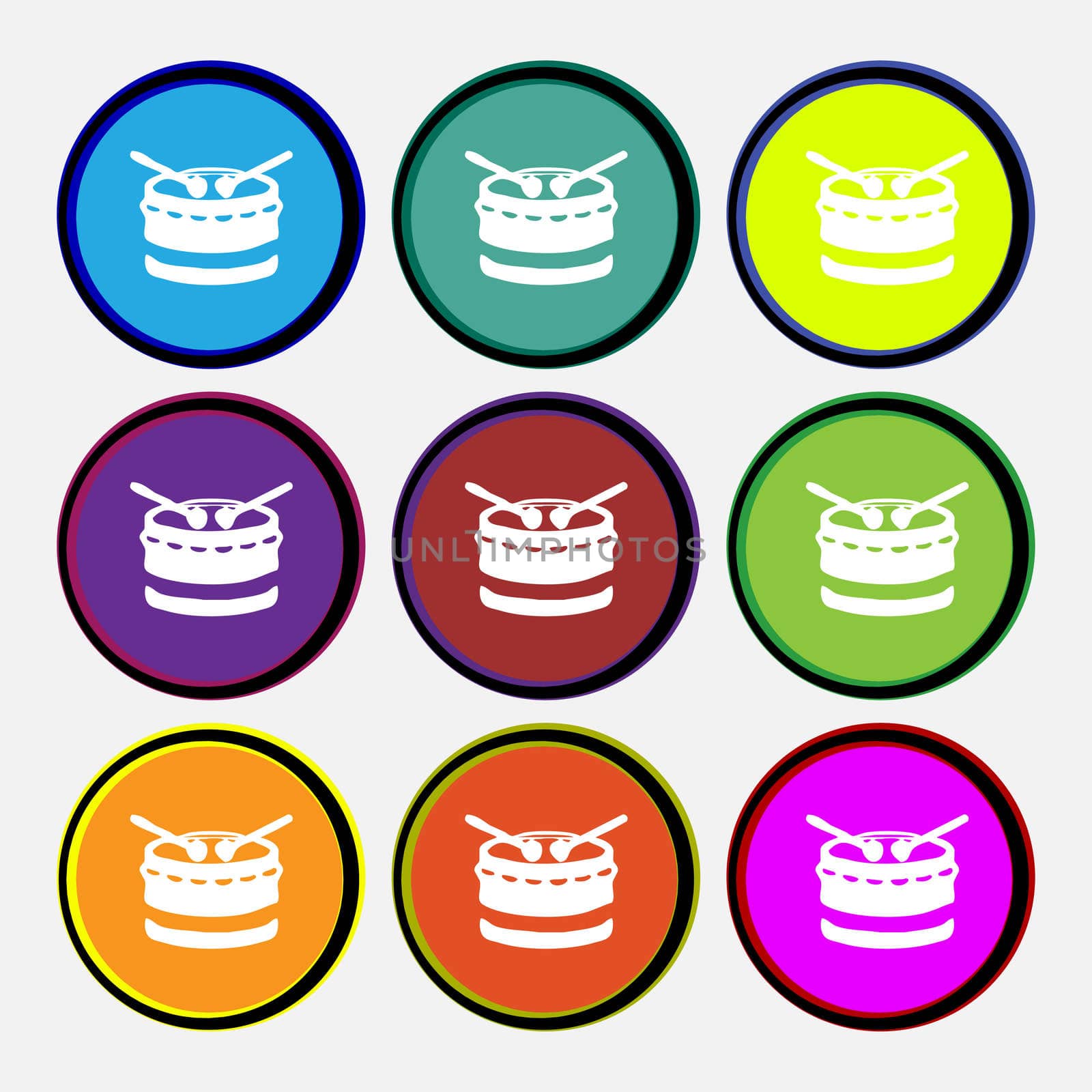 drum icon sign. Nine multi colored round buttons.  by serhii_lohvyniuk