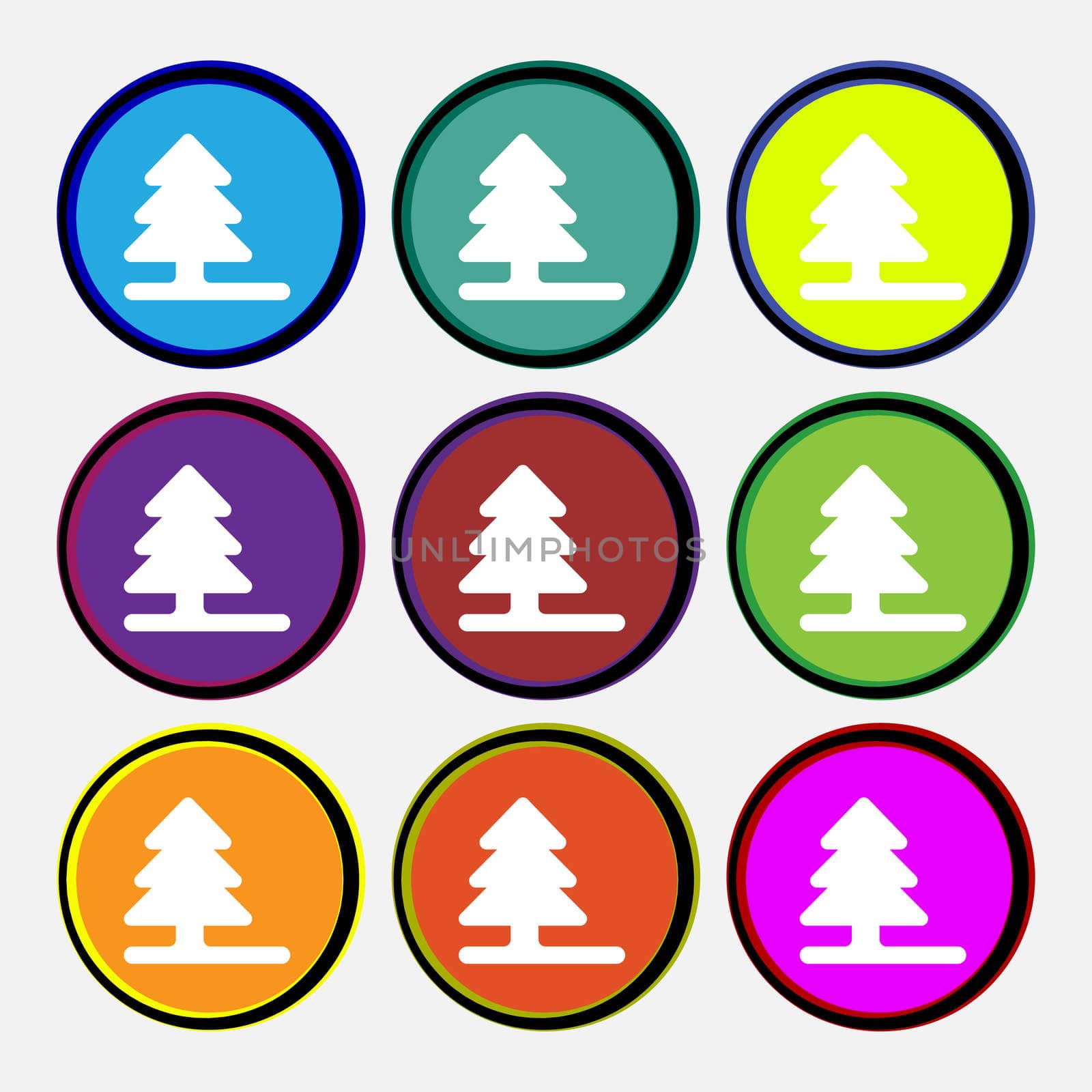 Christmas tree icon sign. Nine multi-colored round buttons. illustration