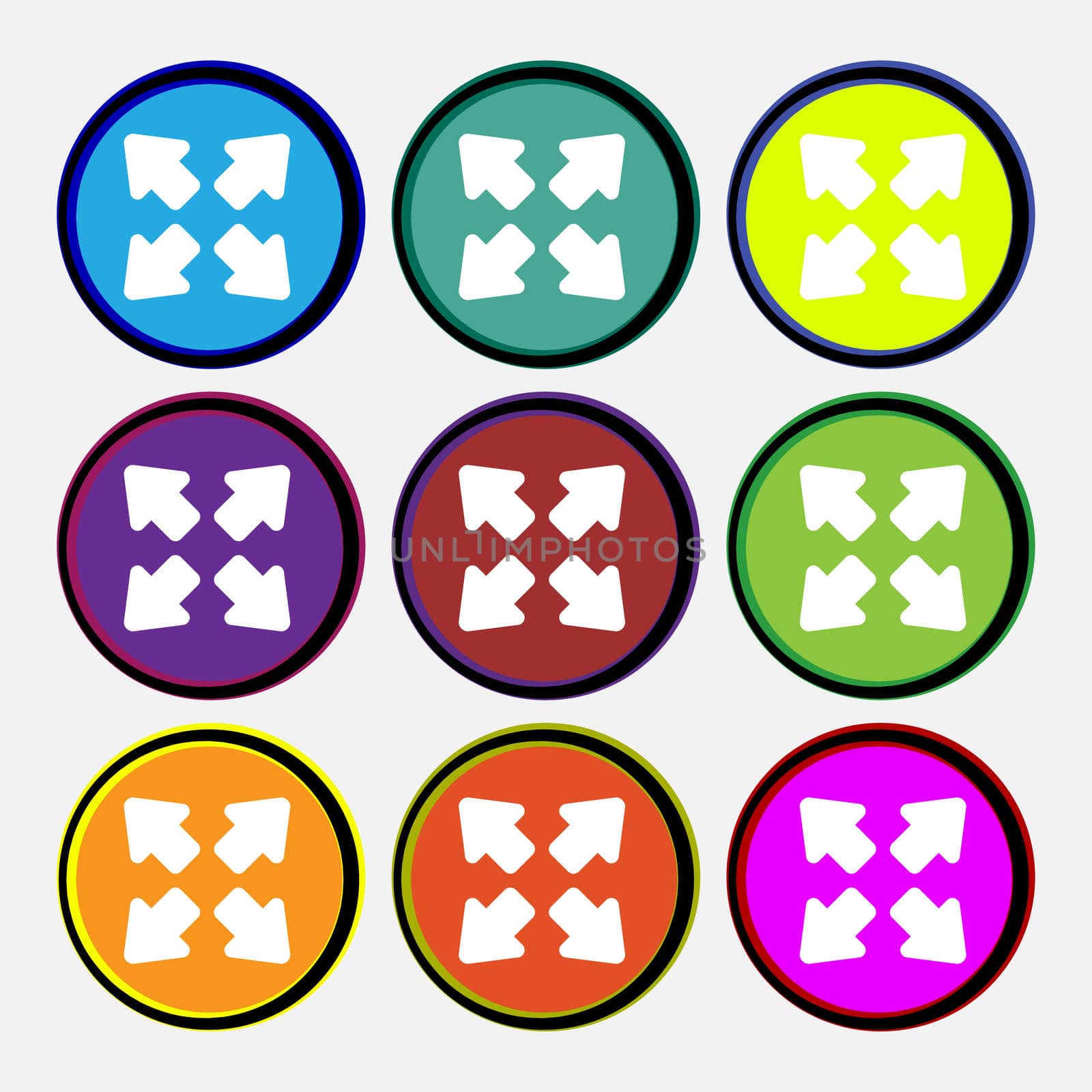Deploying video, screen size icon sign. Nine multi-colored round buttons. illustration
