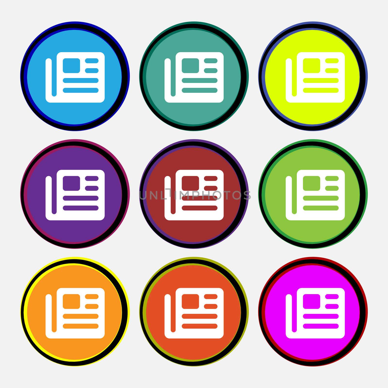 book, newspaper icon sign. Nine multi colored round buttons. illustration