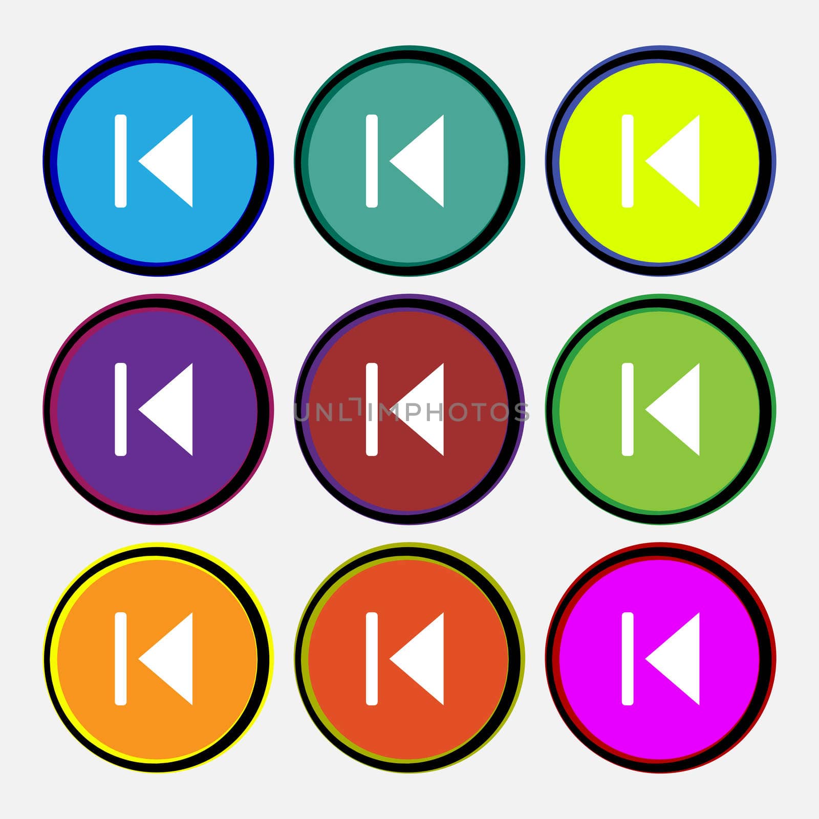 fast backward icon sign. Nine multi-colored round buttons. illustration