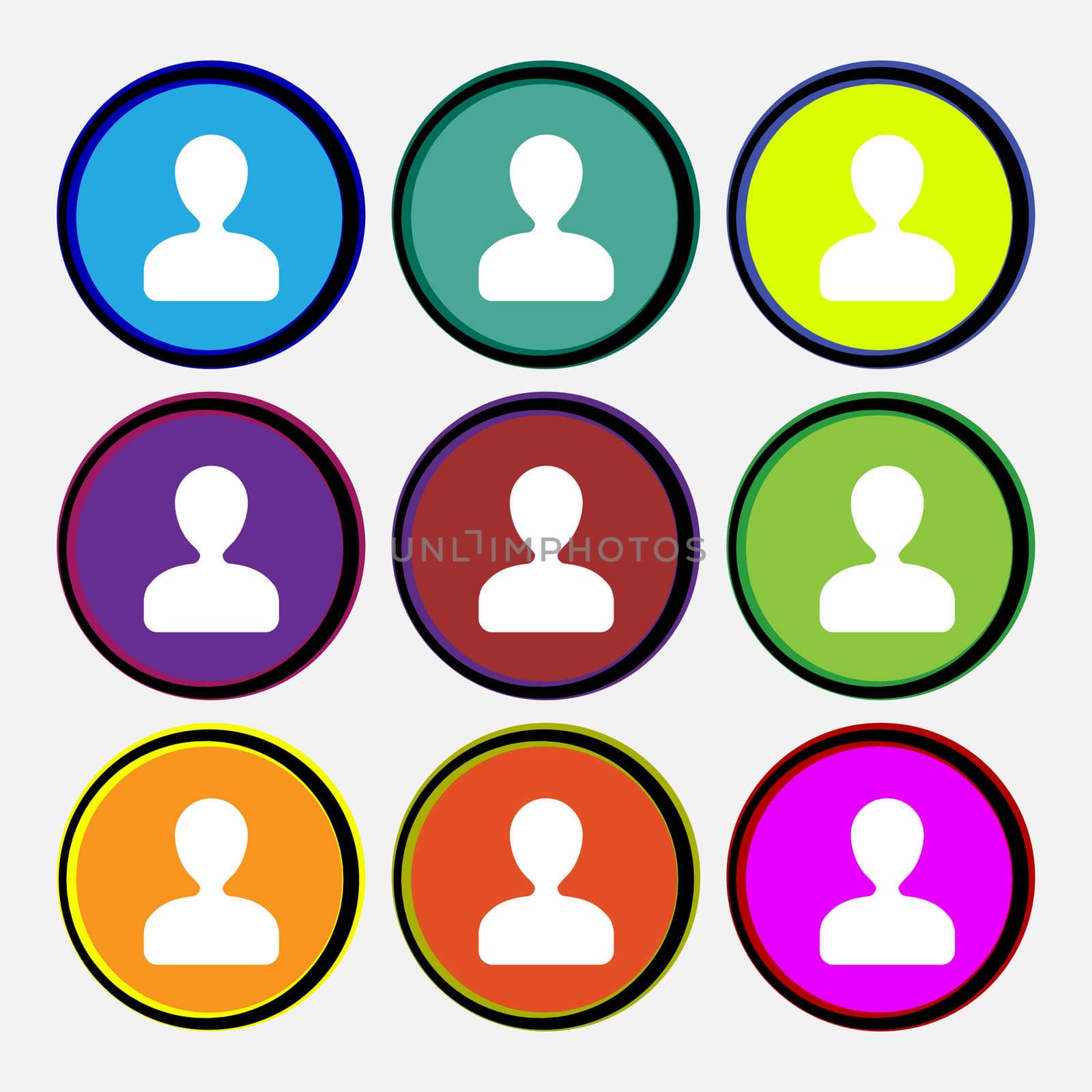 male silhouette icon sign. Nine multi colored round buttons.  by serhii_lohvyniuk