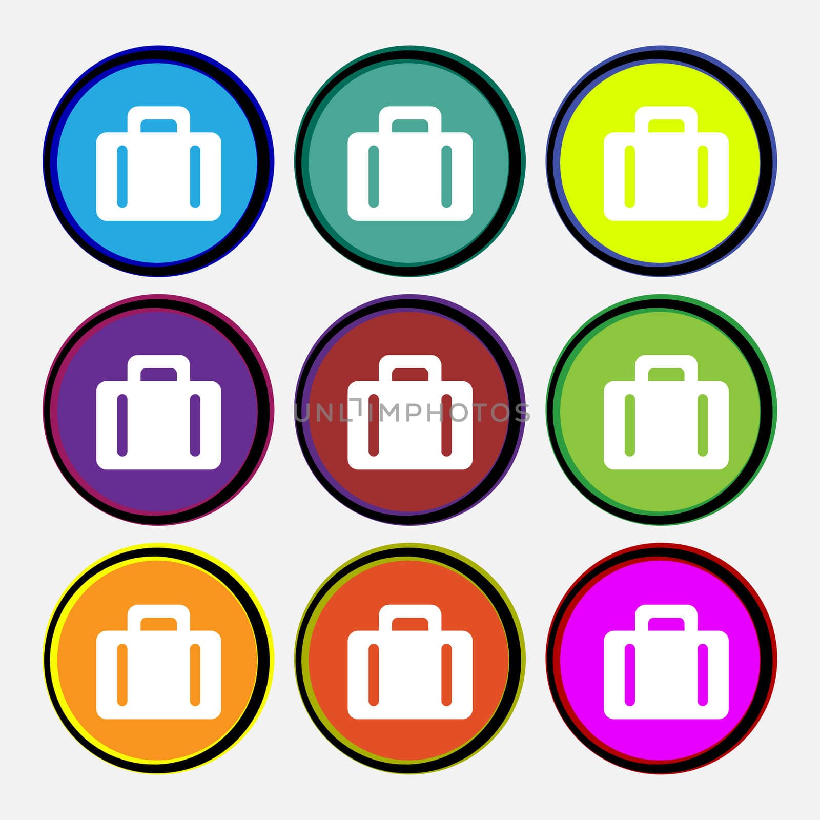 suitcase icon sign. Nine multi colored round buttons. illustration