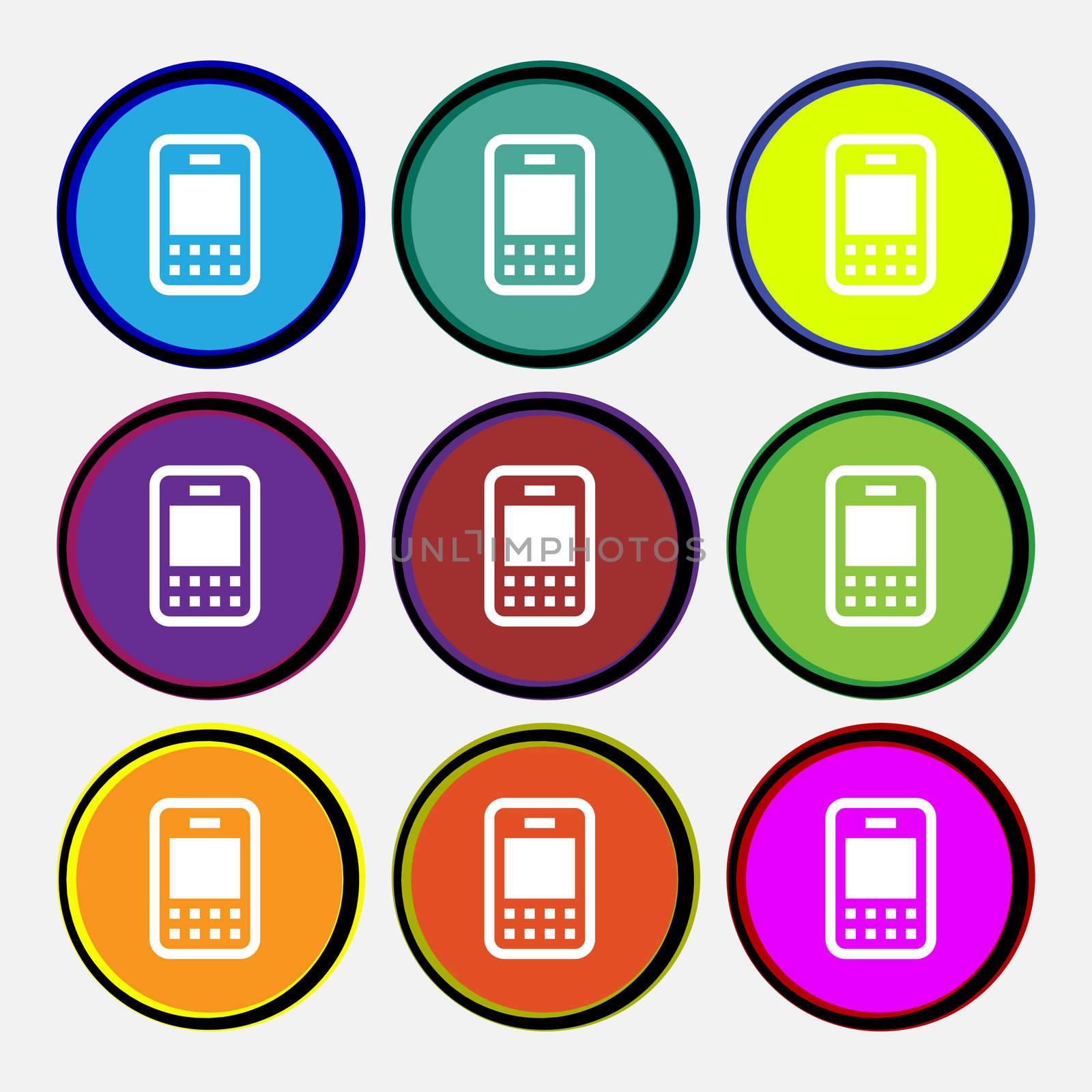 Mobile telecommunications technology icon sign. Nine multi-colored round buttons. illustration