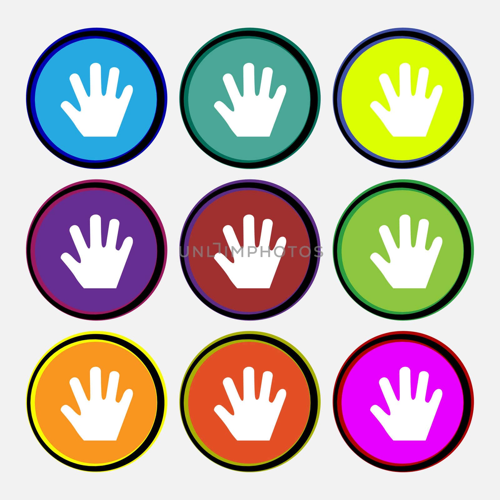 Hand icon sign. Nine multi colored round buttons.  by serhii_lohvyniuk