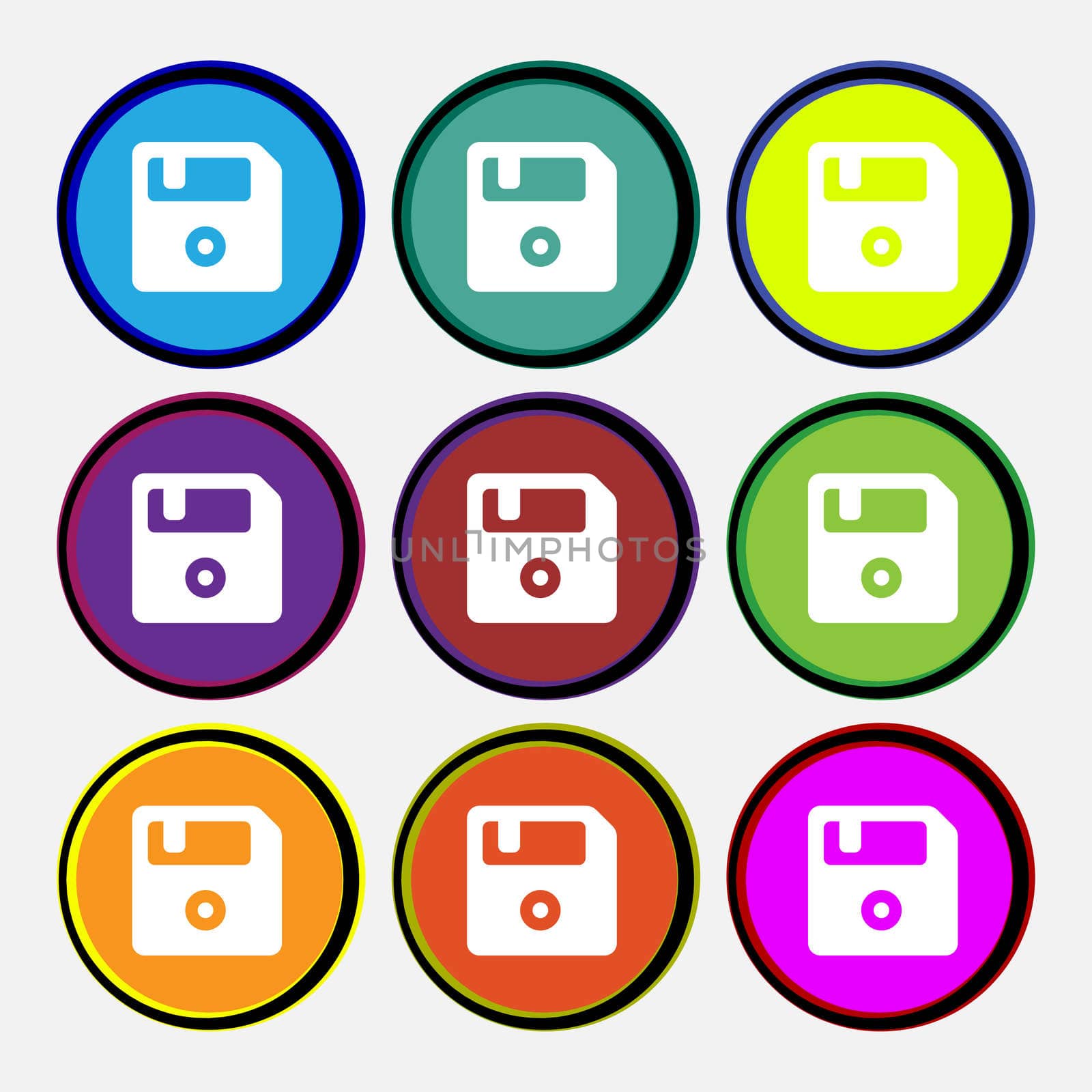 floppy icon sign. Nine multi-colored round buttons. illustration